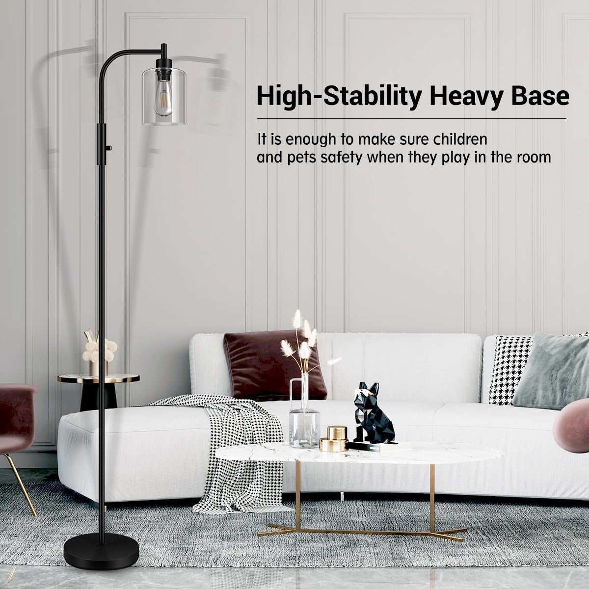BoostArea Dimmable Floor Lamp, Glass Lampshade, 6W LED Bulb, Modern Industrial Design, Clear Glass, Model B1431