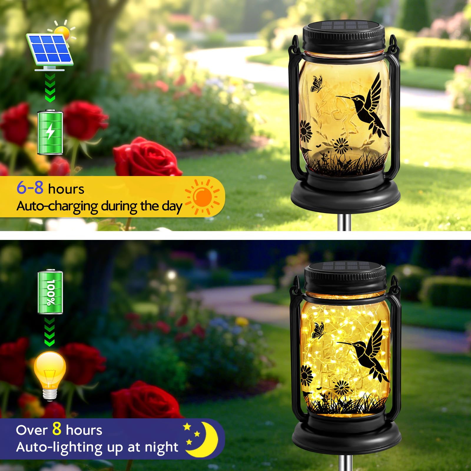 ANGMLN Hummingbird Solar Lanterns - 3-in-1 Waterproof Mason Jar Lights for Outdoor Garden Decor, Model FG-61