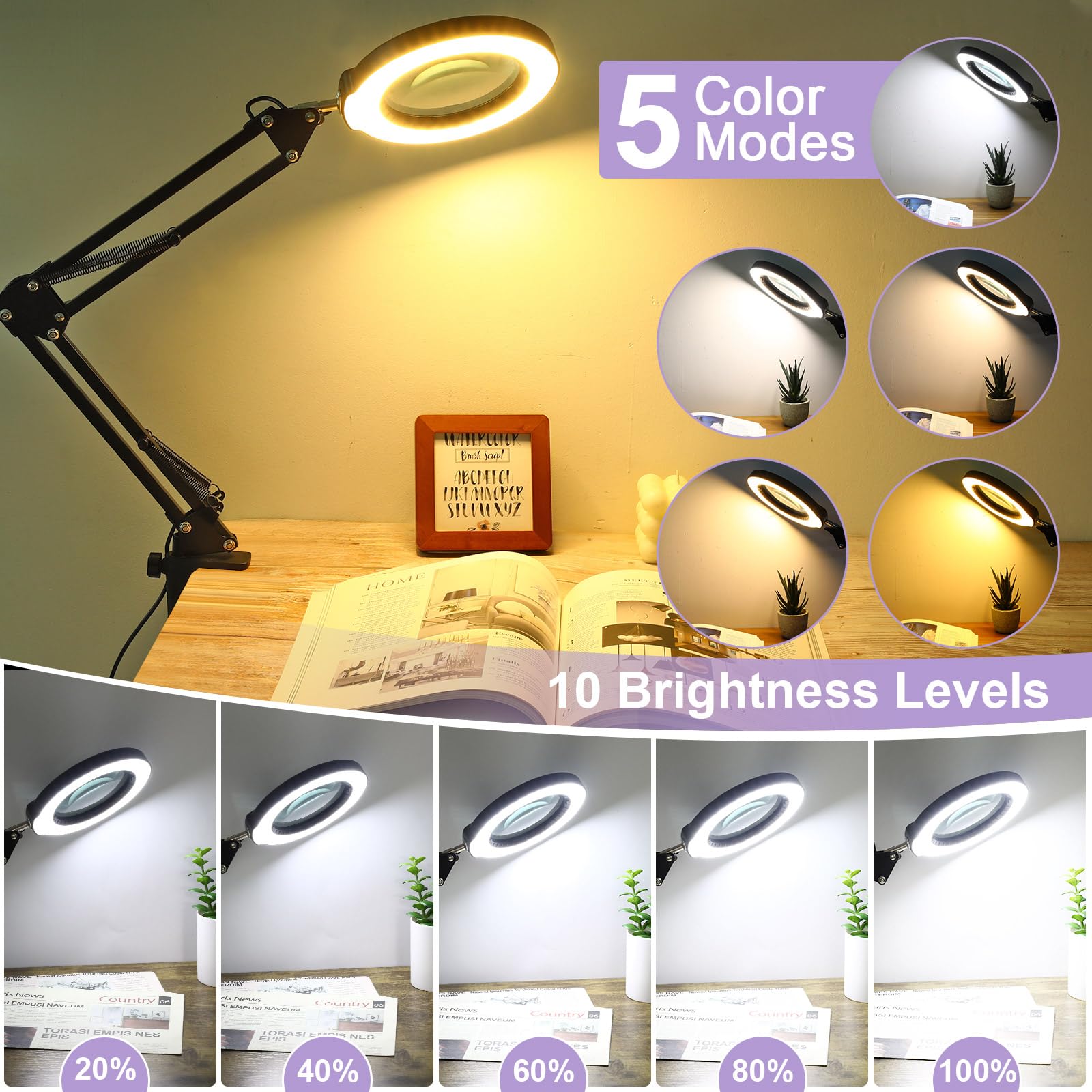 Seylae 10X Magnifying Glass With Light And Clamp, Real Glass Lens Lighted Magnifier With Stand, 5 Color Modes Led Dimmable Magnifying Desk Lamp Hands Free For Crafts Jewelry Painting Sewing Close Work