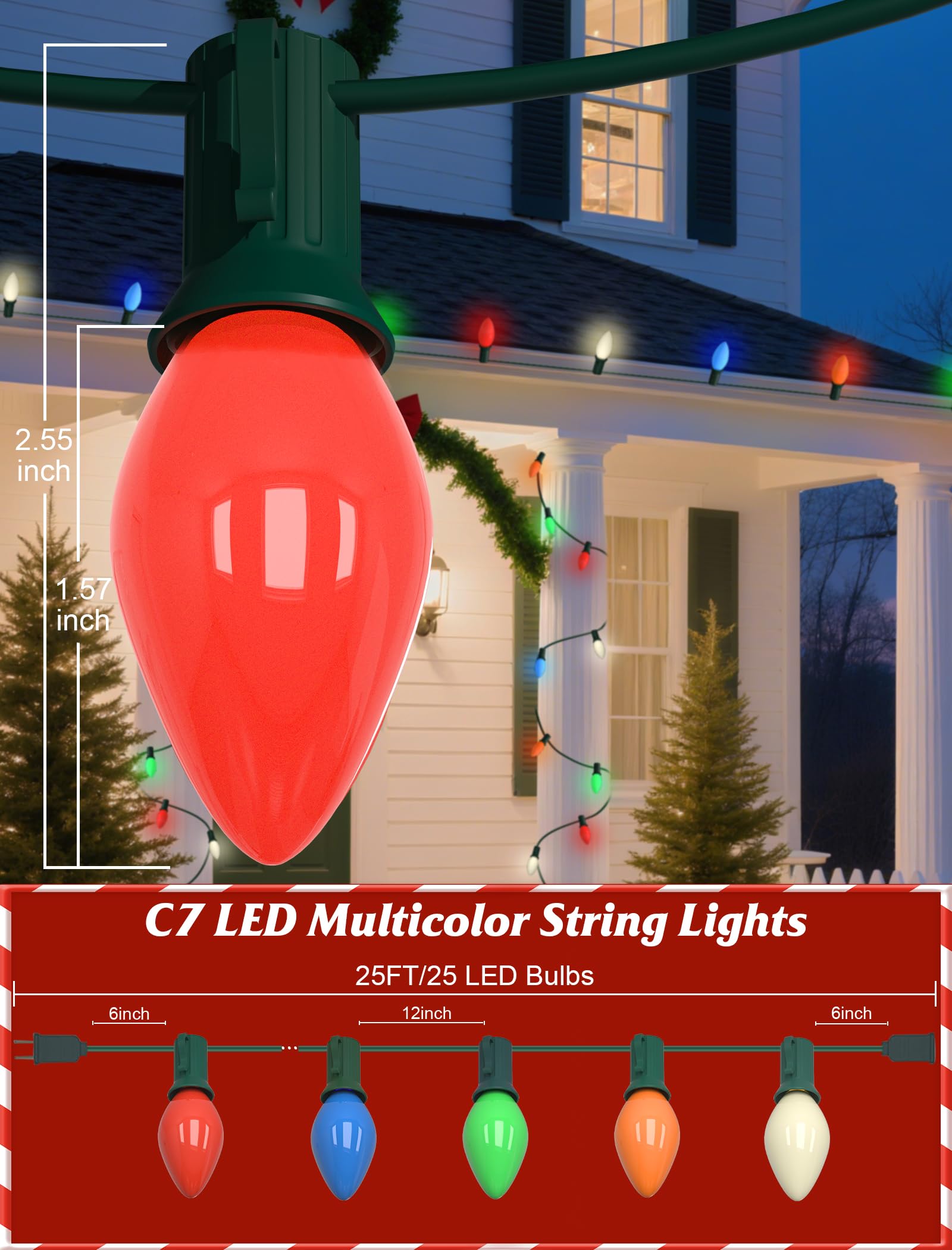 SUNSGNE C7 LED Christmas Lights, 25FT Multicolor Outdoor String Lights, Ceramic Glass Bulbs, Green Wire