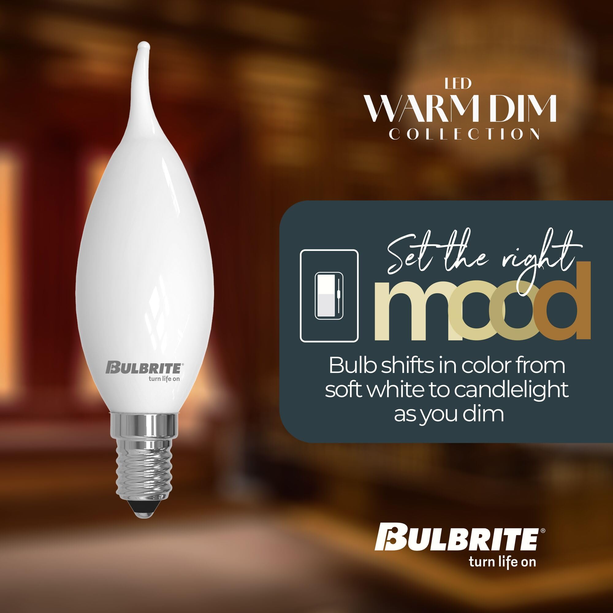 5 Watt Led Ca10 Light Bulbs, Warm Dimming 3000K (Soft White) - 1800K (Candlelight), 500 Lumens