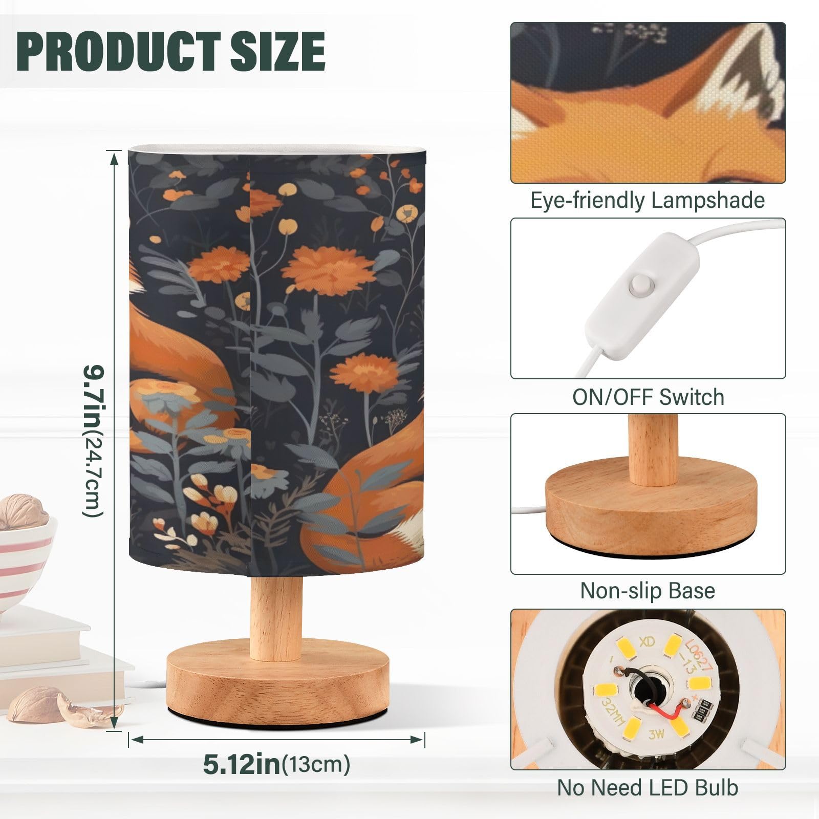 Goodold Cute Foxes Led Table Lamp - Modern Minimalist Bedside Lamp With Round Flaxen Fabric Shade For Nightstand, Perfect For Be