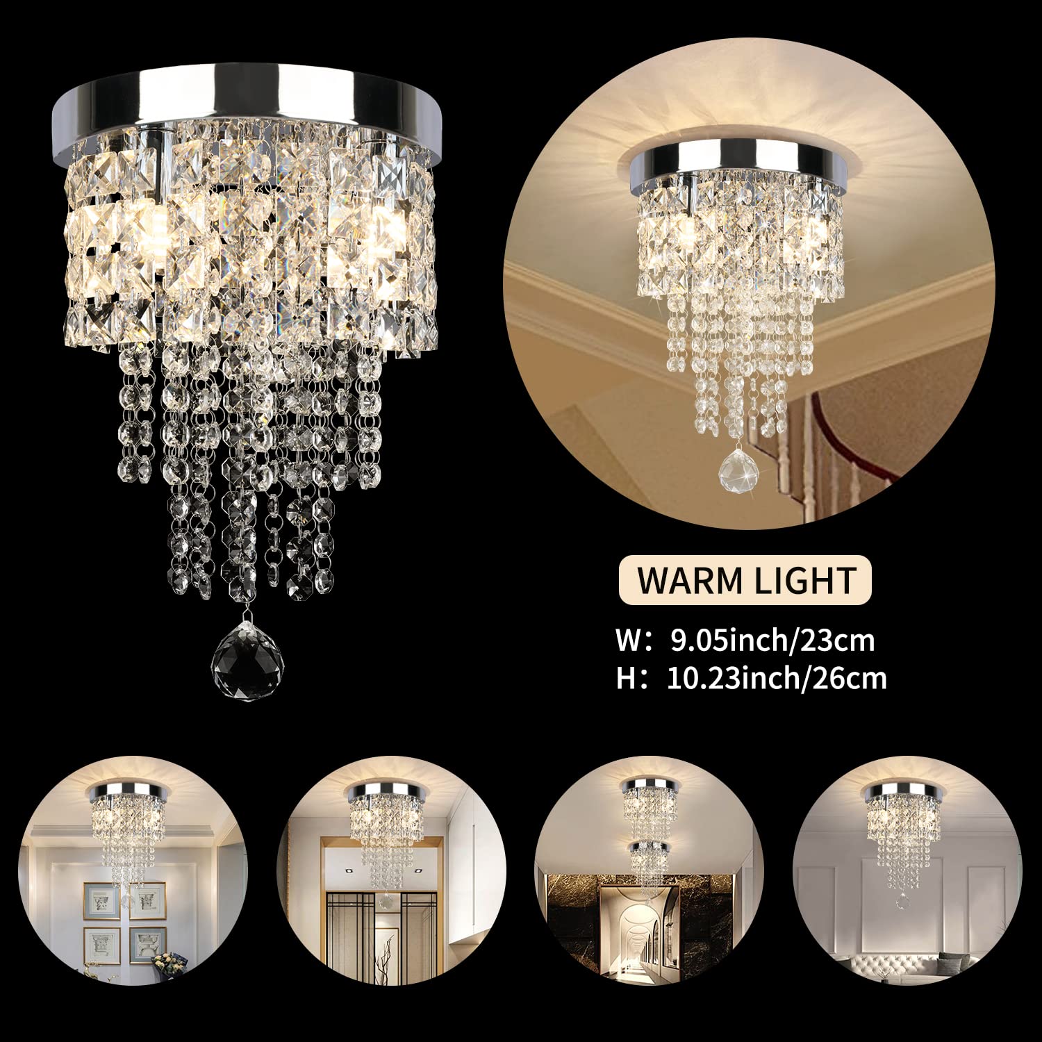 TISLYCO Modern Crystal Chandelier - 3 Light Flush Mount Fixture, Silver, 9.05"x10.25", Ideal for Hallway, Bedroom, Bathroom, Closet