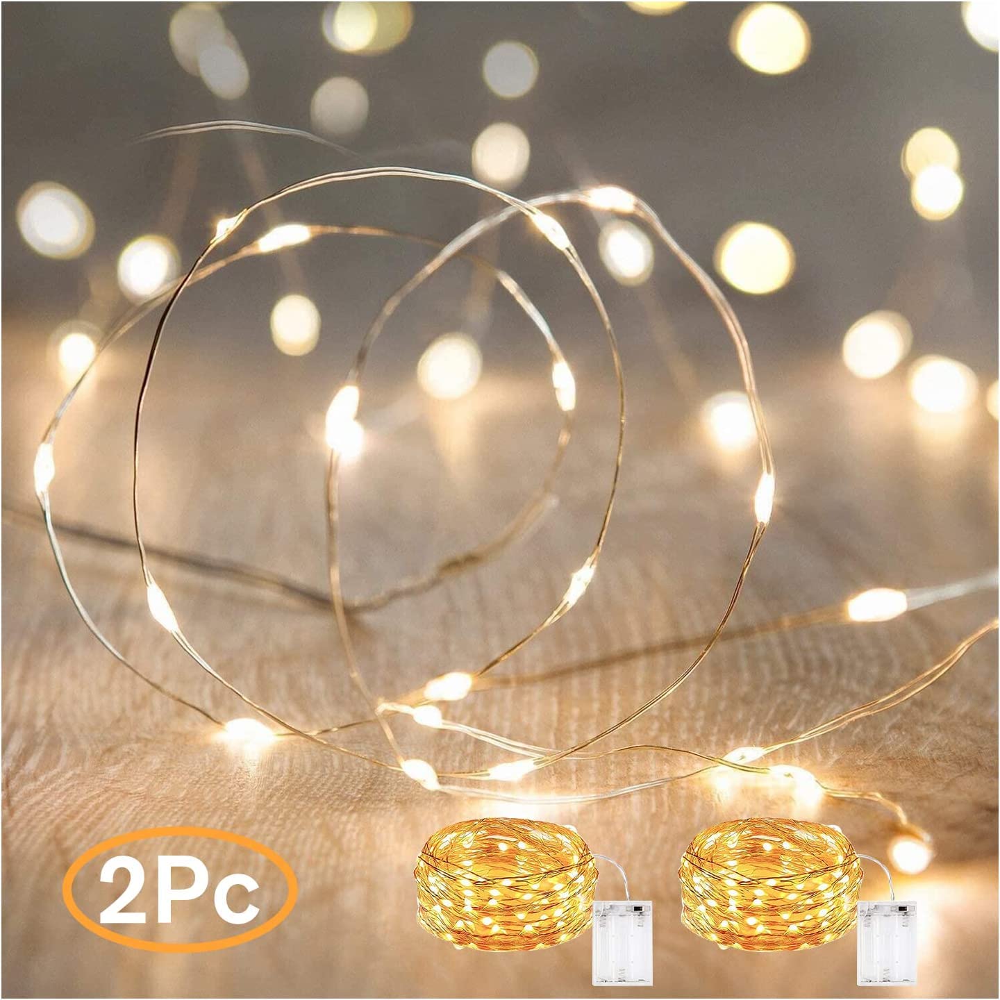 ANJAYLIA Fairy Lights, 10ft 30 LED Mini String Lights, Battery Operated, Warm White, 2 Pack, Copper Material