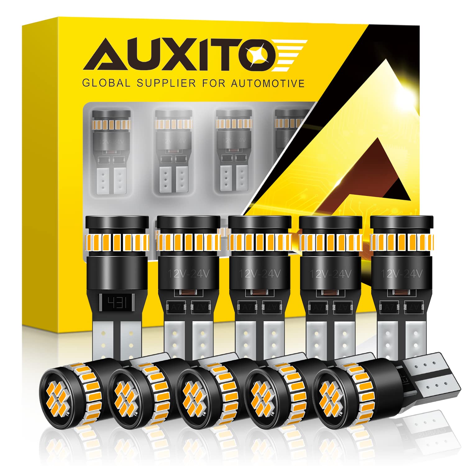 AUXITO 194 LED Light Kit, Amber Yellow, 24-SMD 3014, T10 Wedge, Pack of 10, Error-Free Replacement for Car Lights