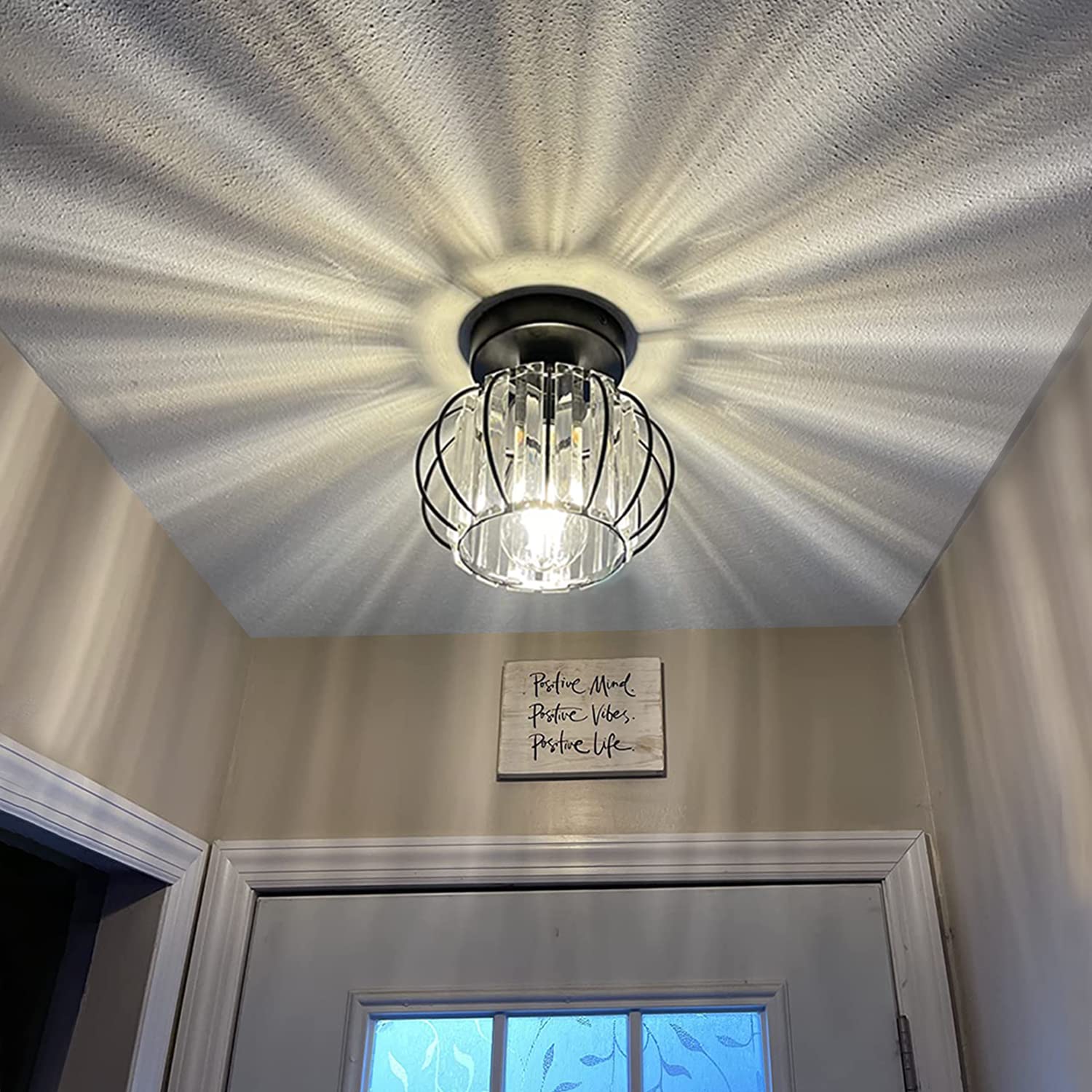 Tislyco Industrial Black Semi Flush Mount Ceiling Light Fixture, Modern Close To Ceiling Light, Mini Crystal Chandeliers Fixture