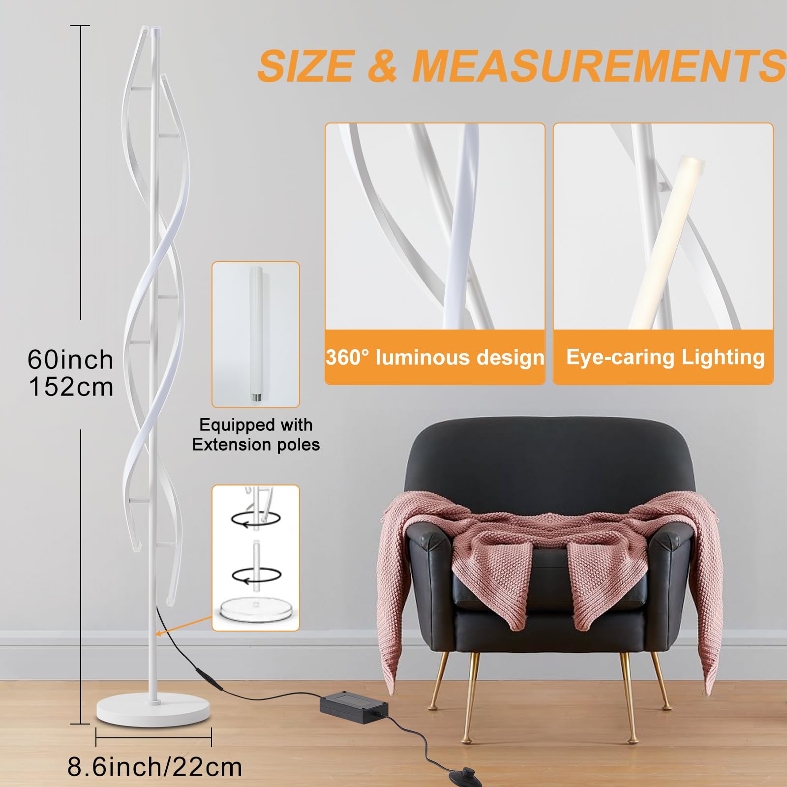 Jtfany Modern Spiral Floor Lamp With Remote Control - 60 Inch Dimmable White Lamp, 48W, Timer, 3 Color Temperatures For Living R