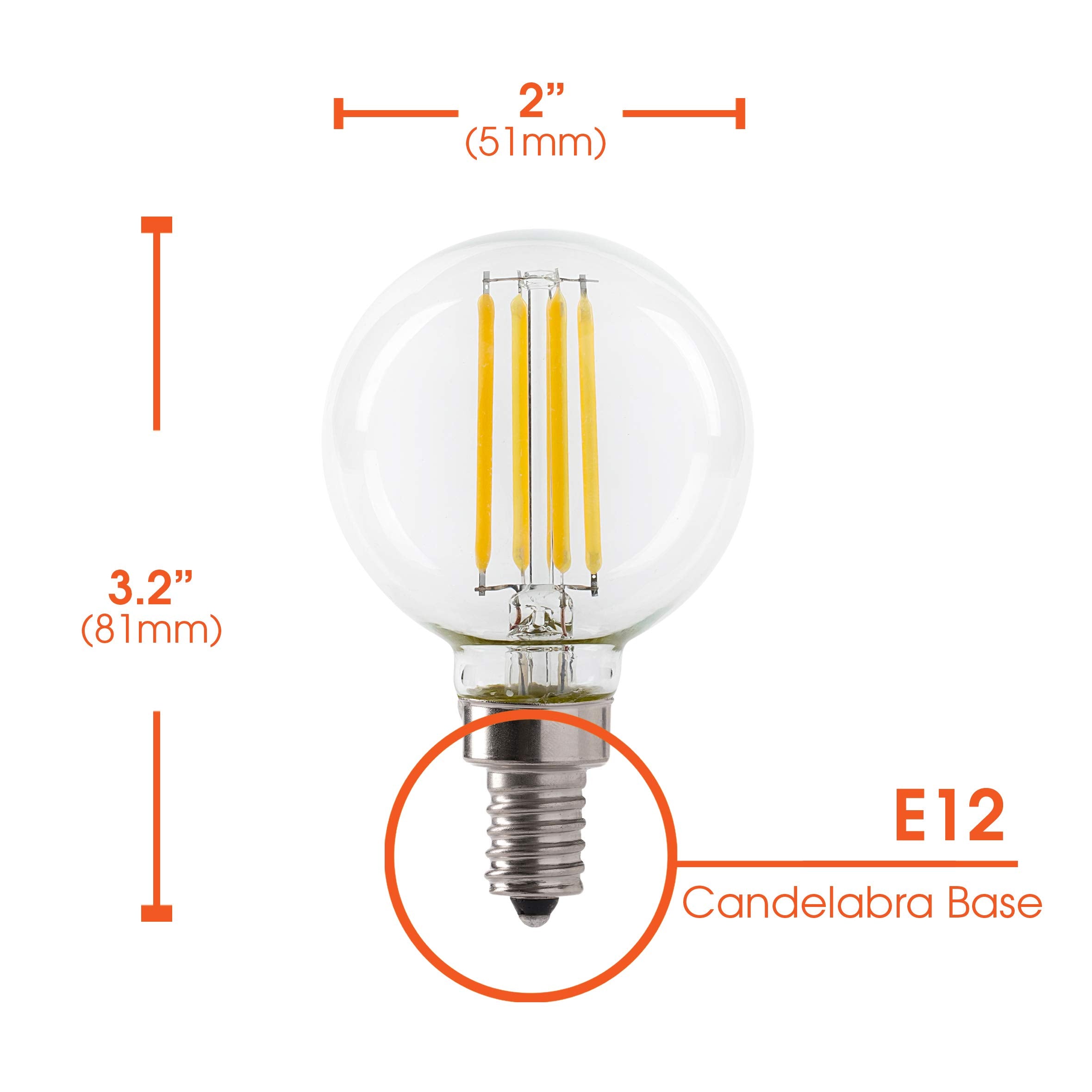 Led 5.5W G16.5 Clear Globe Filament Light Bulb, 50W Equivalent, 500 Lumens, 3000K Soft White, E12 Candelabra Base, Dimmable, 120V, Ul Listed, (6 Pack)