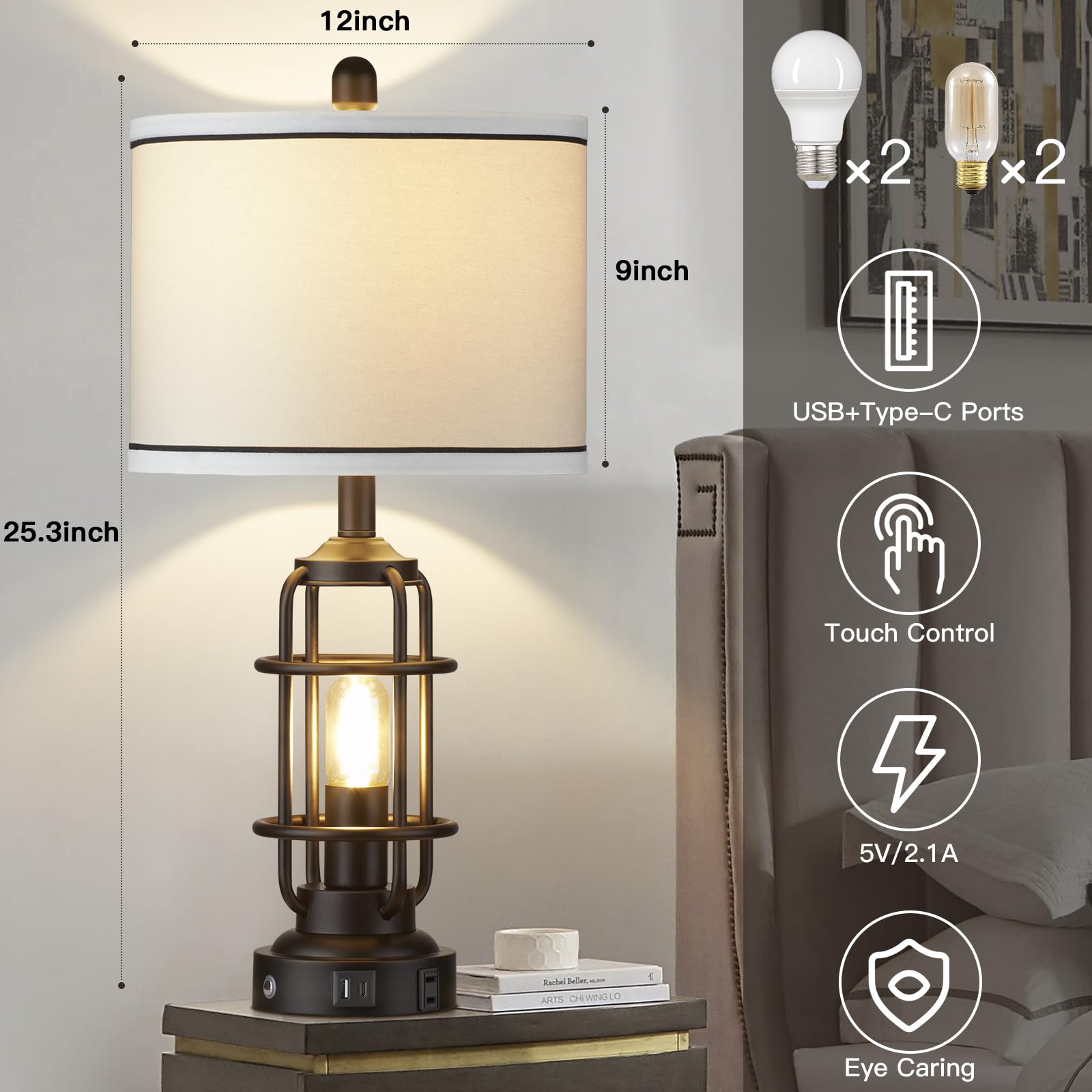 26'' Modern Lamp For Living Room, Industrial 3-Way Dimmable Beside Table Lamp With Usb A+C Charging Ports & Ac Outlet, Touch Con