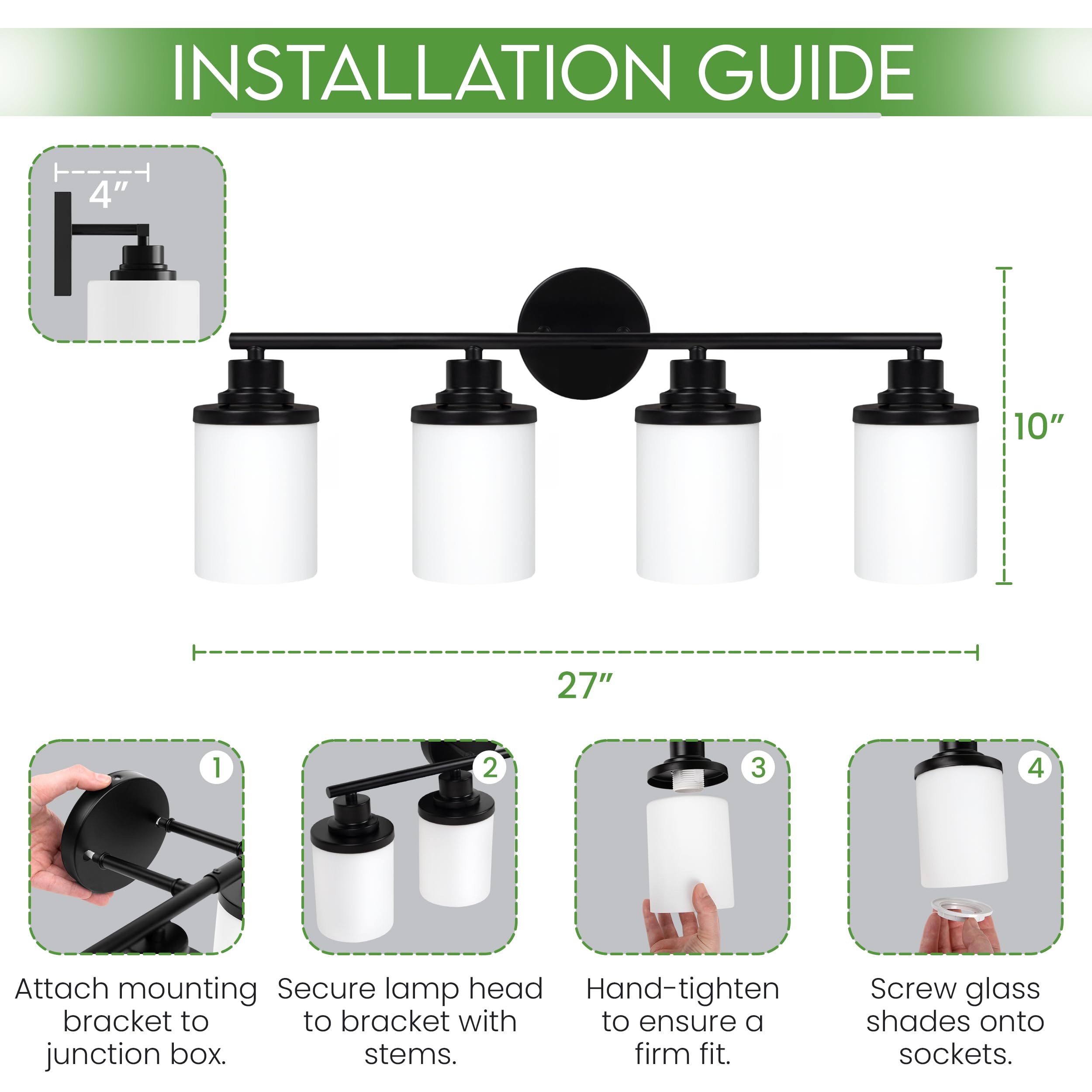 Holim Modern Bathroom Light Fixtures, 4-Light Metal Vanity Lights, Black, Model HM1904