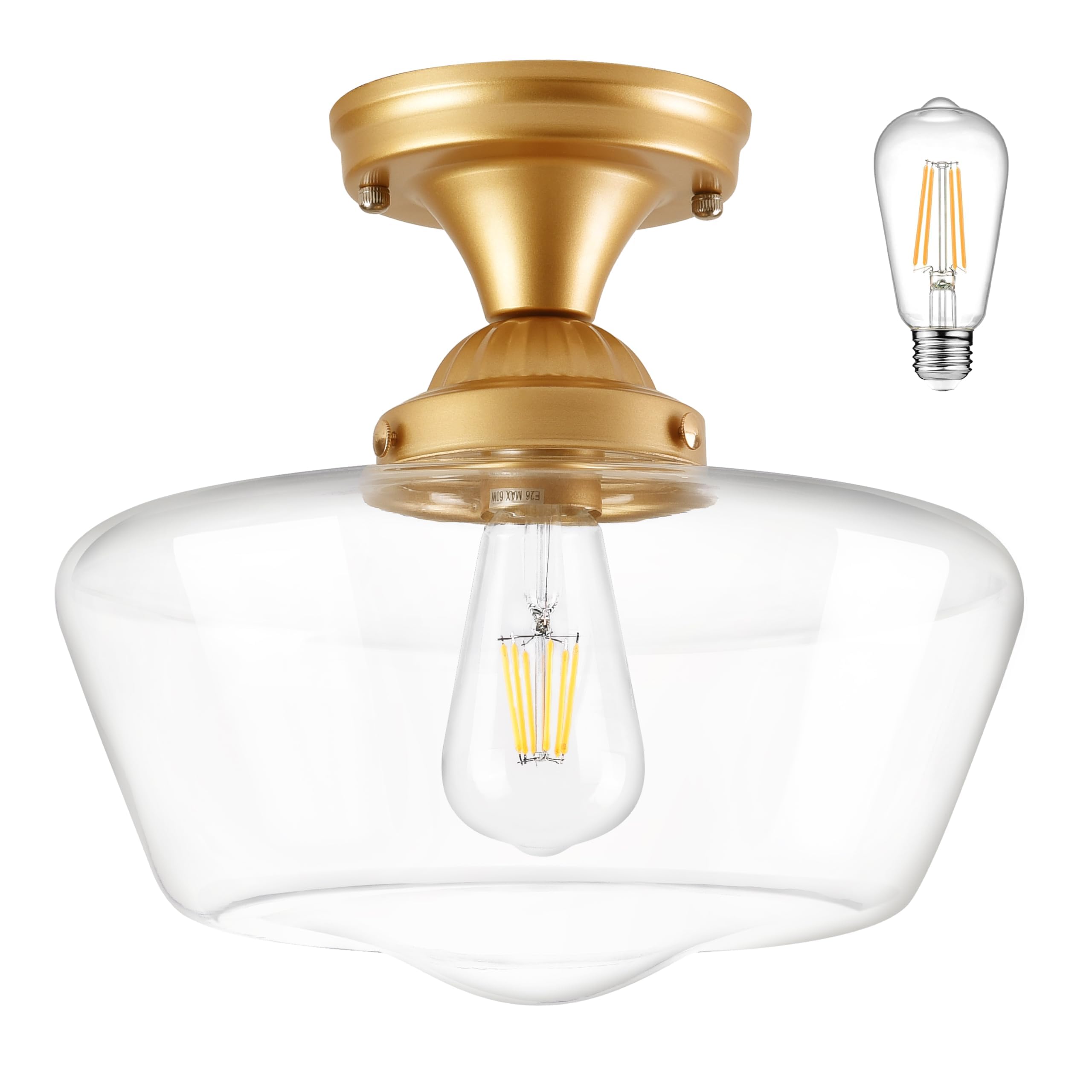 Ayshwilldec Brass Schoolhouse Light Fixture 12'' Mid Century Light Fixture Schoolhouse Light Fixtures Ceiling Clear Glass Semi F