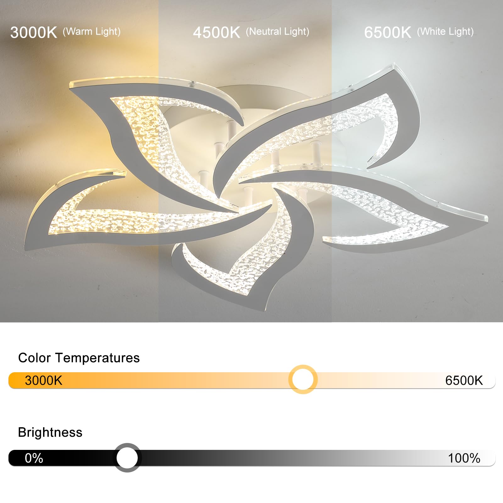 Garwarm Modern LED Chandelier Flush Mount, Dimmable 45W, 23.6in Acrylic Flower Design, White