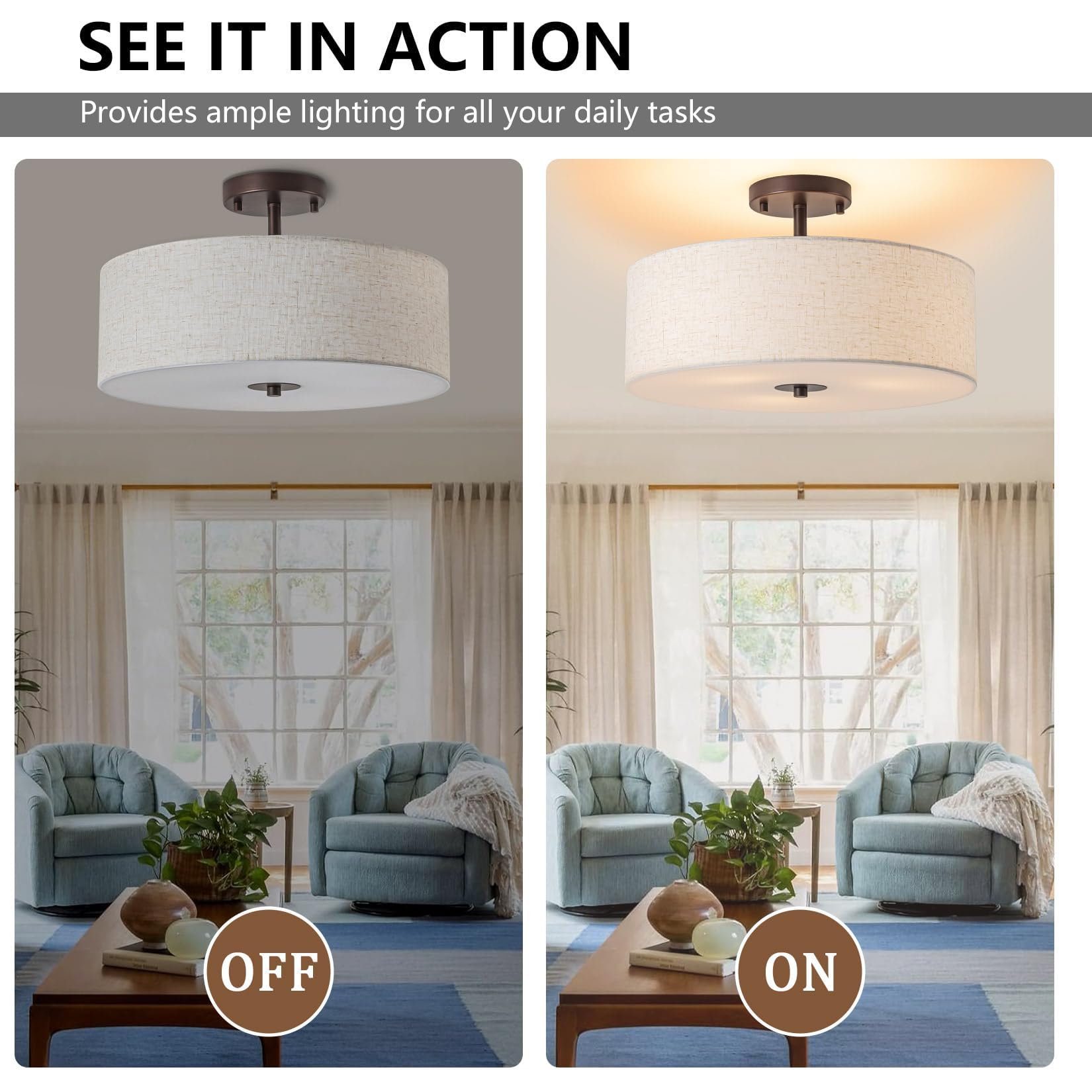 Bargeni Semi Flush Mount Ceiling Light Fixture,16 Inch Drum Flush Mount Ceiling Light,Modern Light Fixtures Ceiling Mount With O