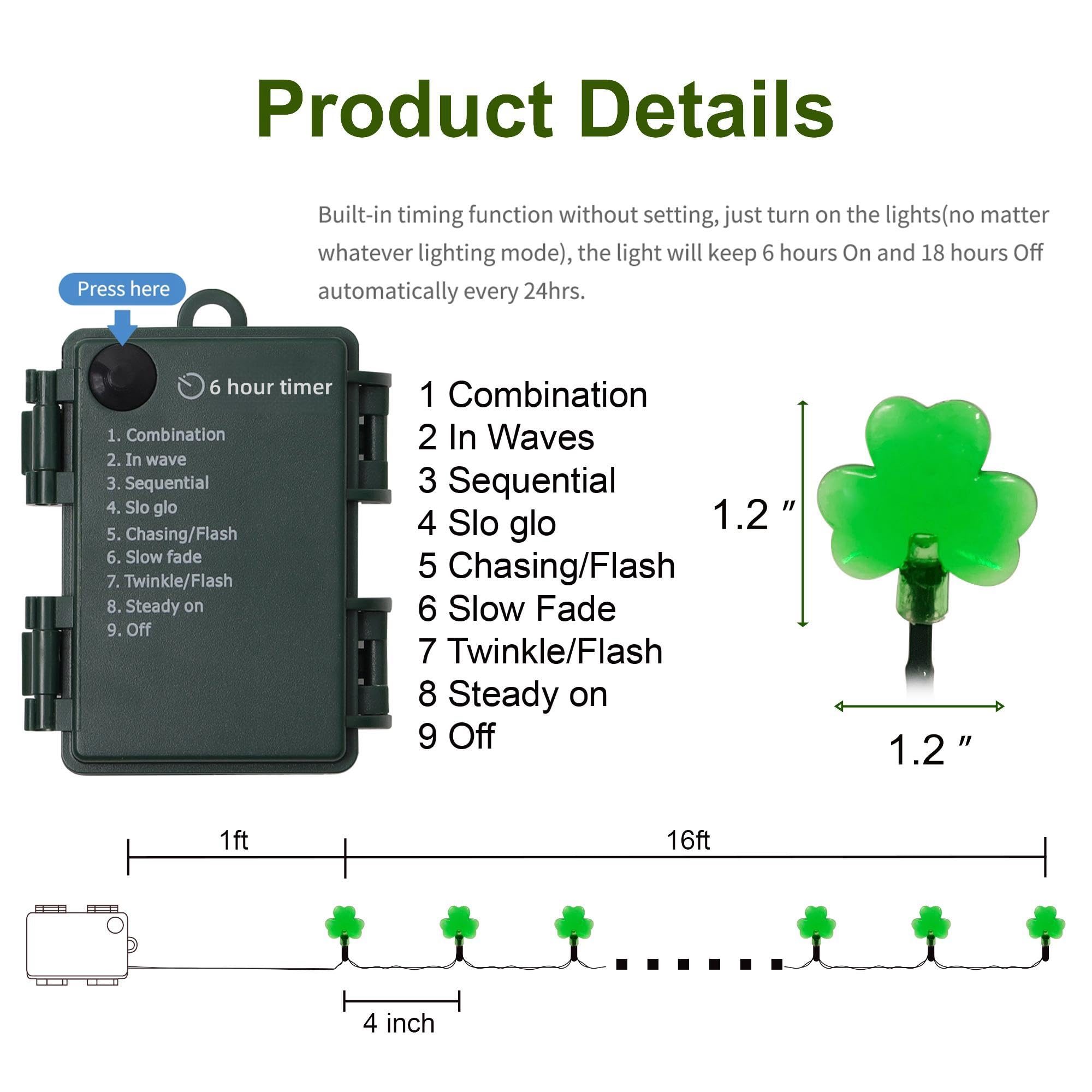 WATERGLIDE 50 LED St. Patrick's Day Shamrock String Lights, Battery Operated, Waterproof, 8 Lighting Modes, Green Decor for Party & Garden
