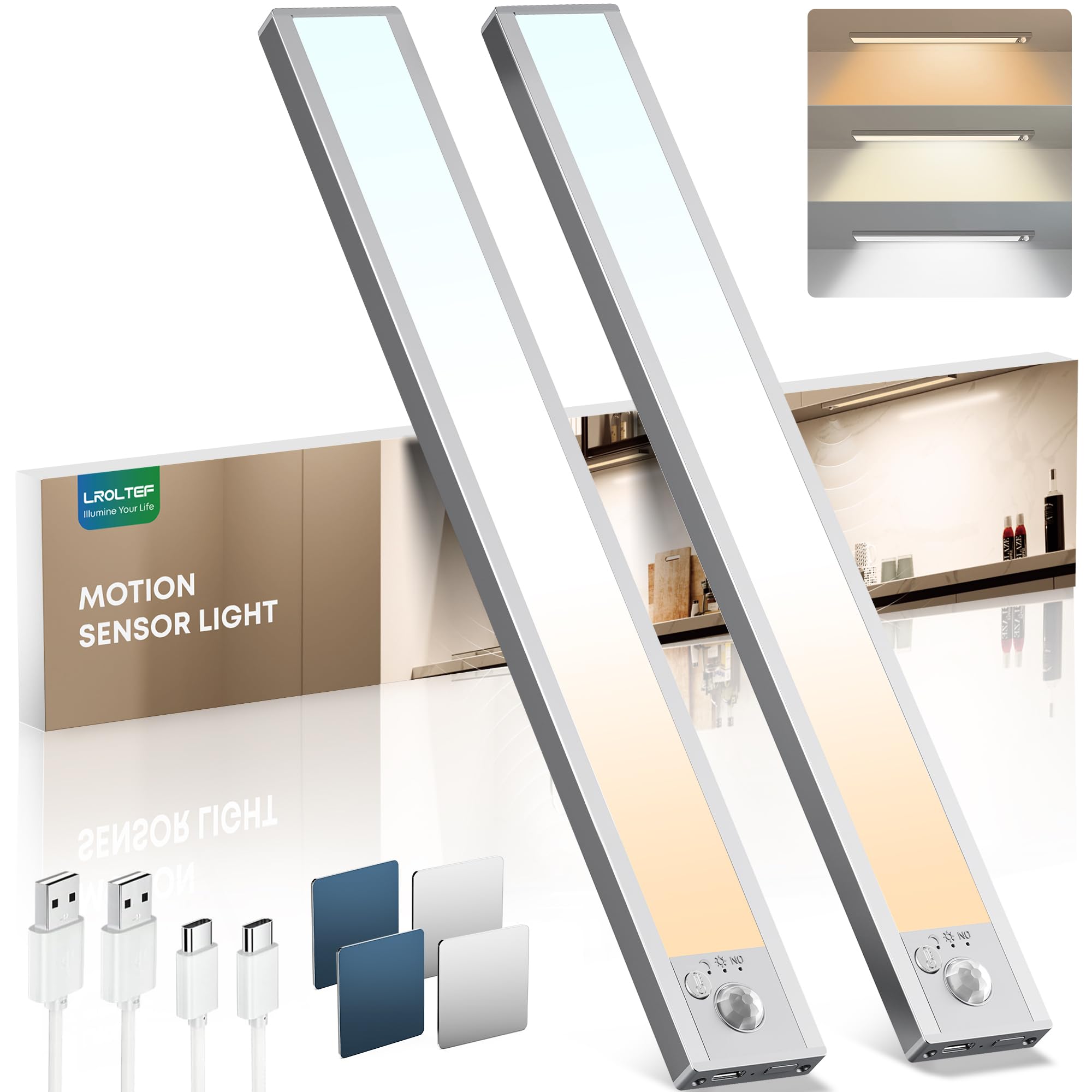 LROLTEF Under Cabinet Lights Wireless, 2 Pack 15.7 inch 1500mAh 3000K 4000K 6500K 3 Color Temps Dimmable Motion Sensor Light Ind