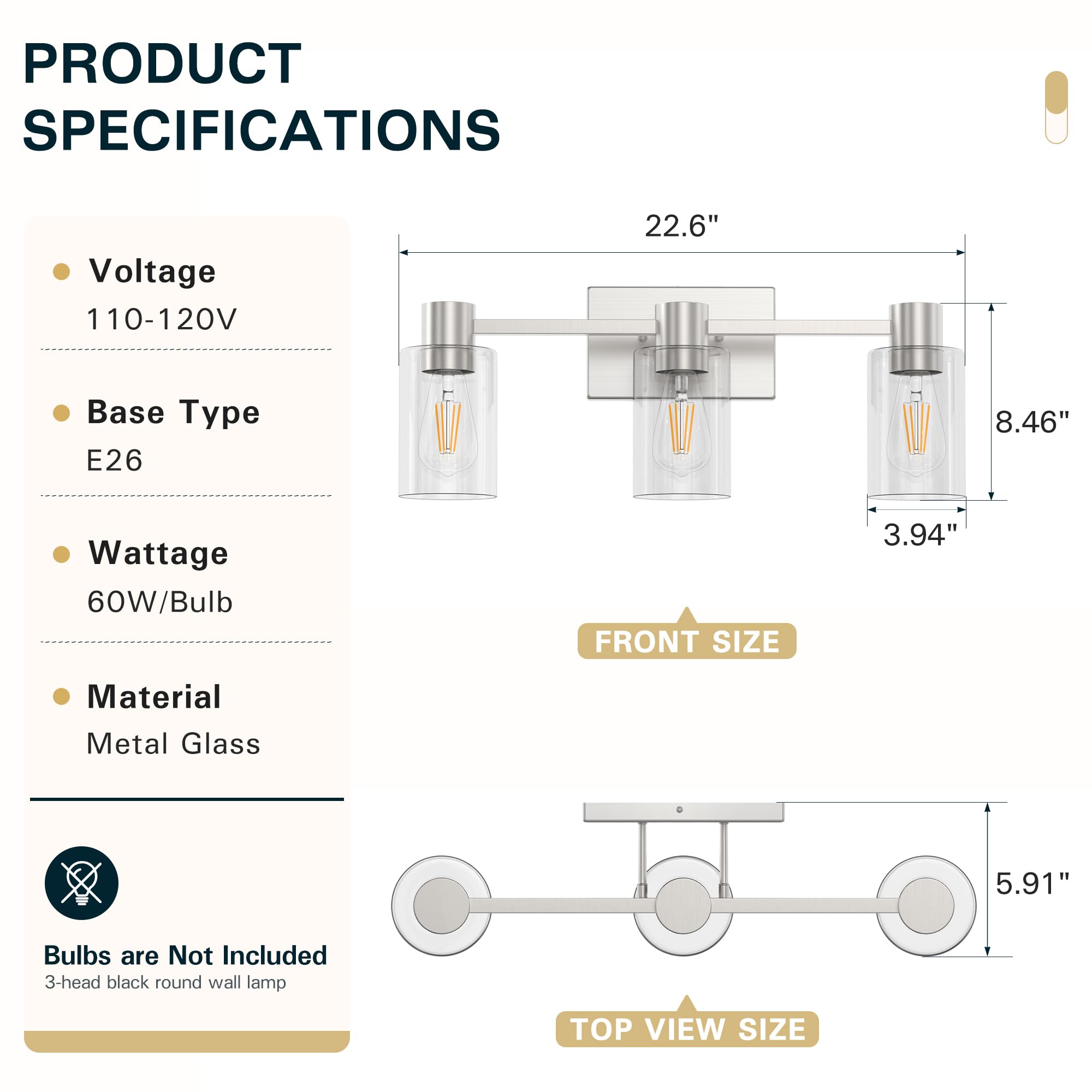 Esfos 3-Light Brushed Nickel Wall Sconces For Bathroom, Modern Vanity Light Fixtures Over Mirror, Wall Lamp With Clear Glass Sha