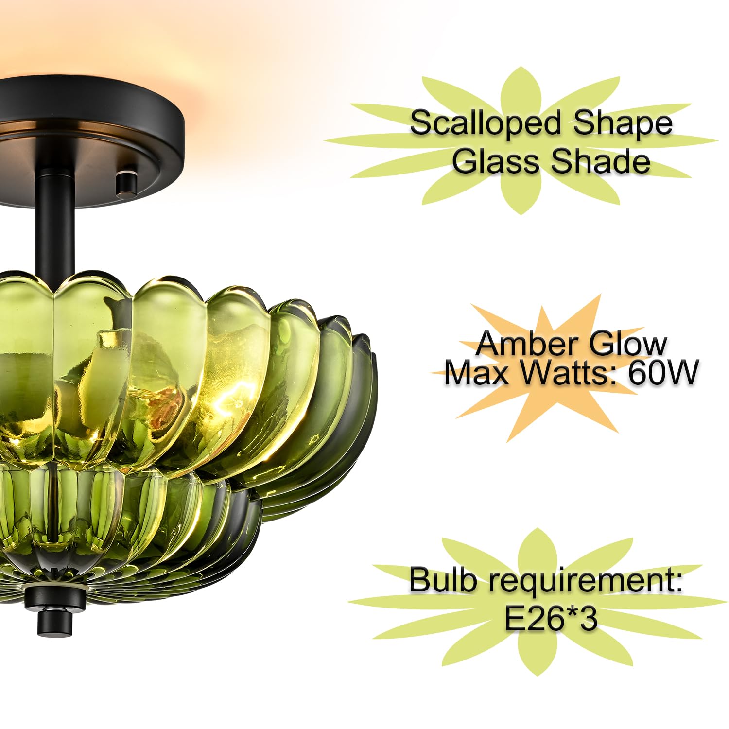 Semi Flush Mount Ceiling Light Fixture  Green Glass 3-Light Modern Vintage Ceiling Lights  Scalloped Close To Ceiling Light  Black Base Flush Mount Ceiling Light For Hallway Bedroom Entryway Kitchen