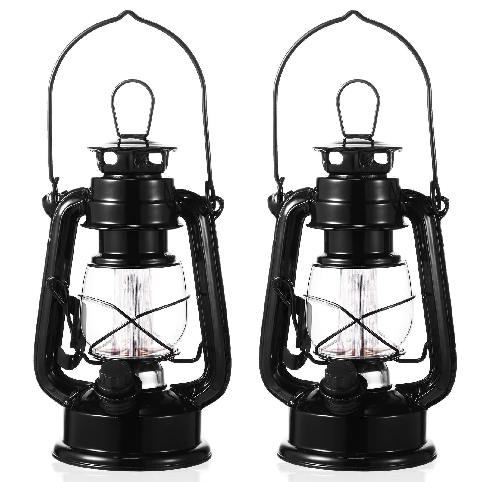 Hortsun 2 Pcs 8 Inch Vintage LED Hurricane Lantern Metal Black Outdoor Battery Operated Hanging Lantern with Warm LEDs and Dimme