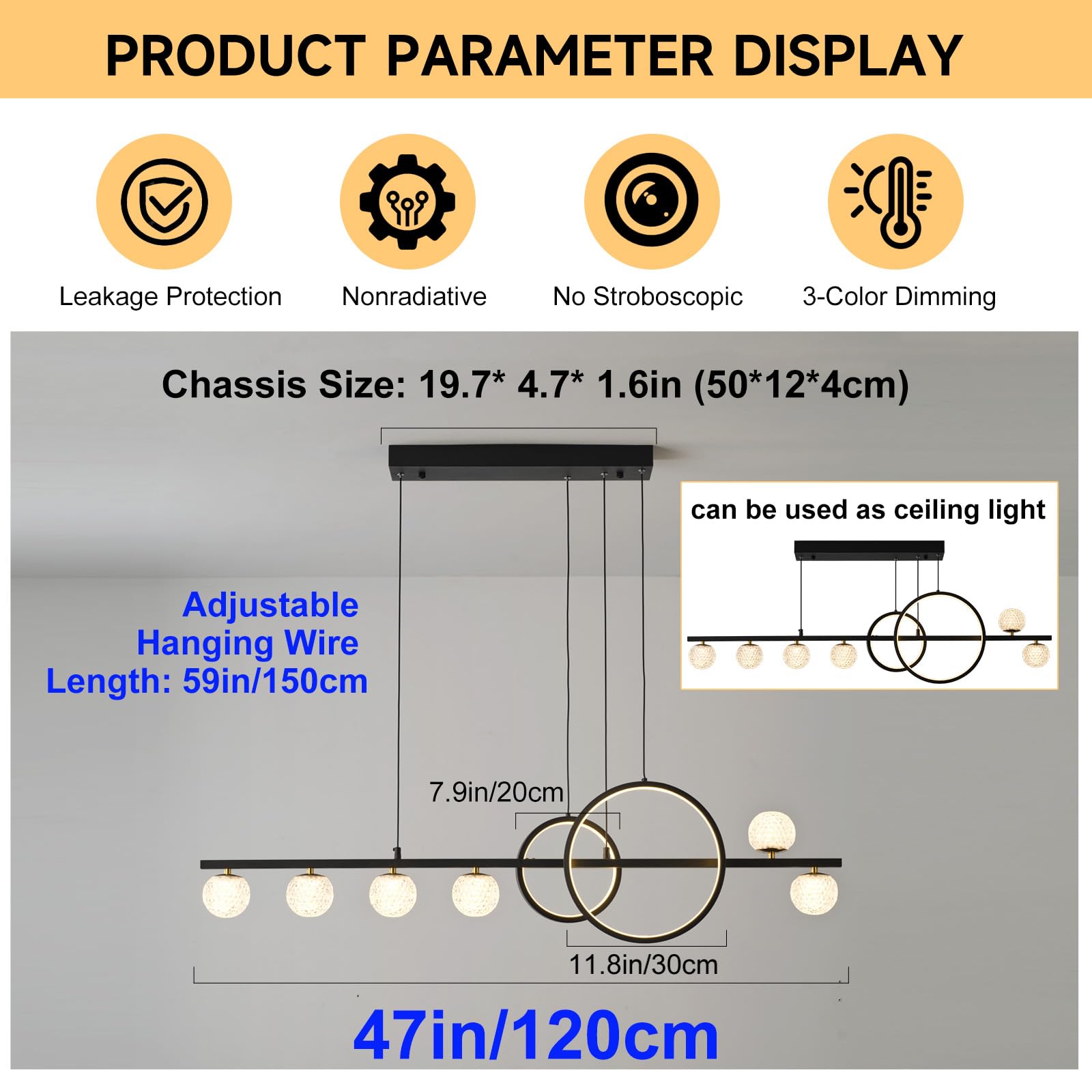 Oranoor Modern Black Gold Chandeliers For Dining Room, 47In Dimmable Led Chandelier Linear Pendant Light For Kitchen Island, Upgraded 6 Globe Hanging Pendant Chandelier Lighting (2 Rings, 4200Lm)