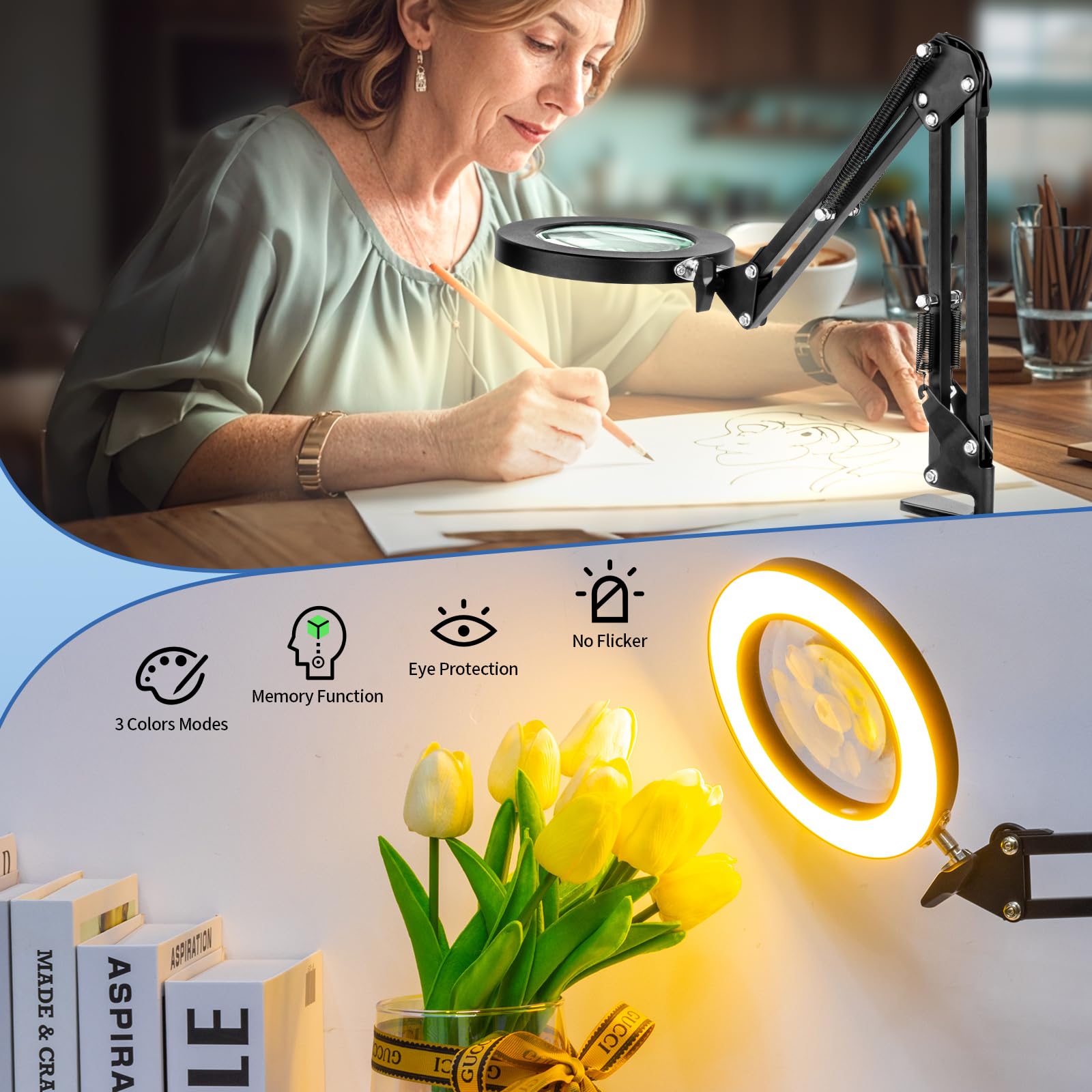 HITTI 10X Magnifying Glass with Light - Stepless Dimming, 3 Color Modes, Metal, Black, Desk Clamp Lamp for Reading and Crafts