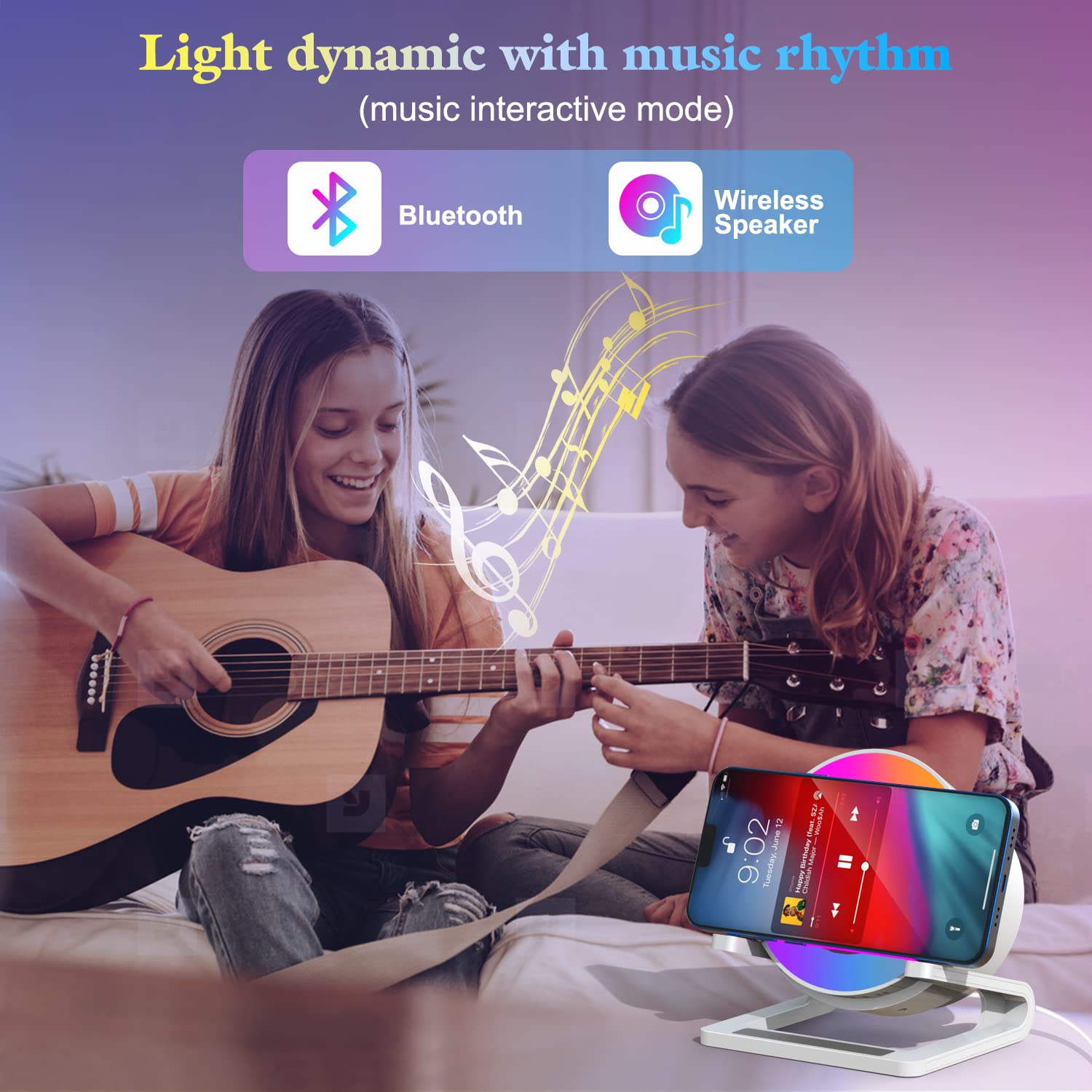 Doopo Night Lights Bluetooth Speaker,Wireless Charger 15W With Phone Holder, Touch Control Bedside Lamp Dimmable With Dynamic Co