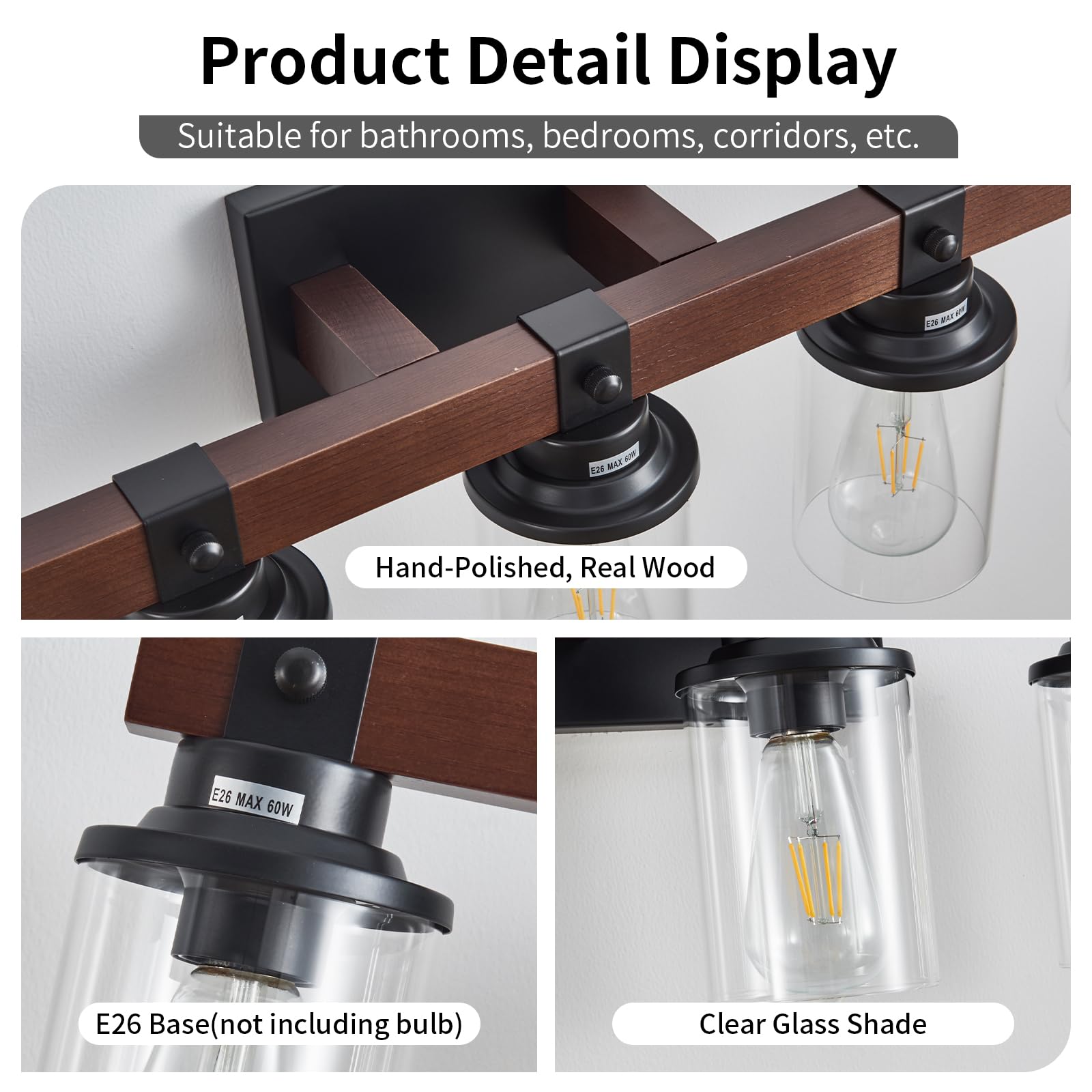 Aixialin 5 Bathroom Vanity Lights, Farmhouse Wooden Bathroom Light Fixture Over Mirror With Clear Glass, Wood Vanity Light For B