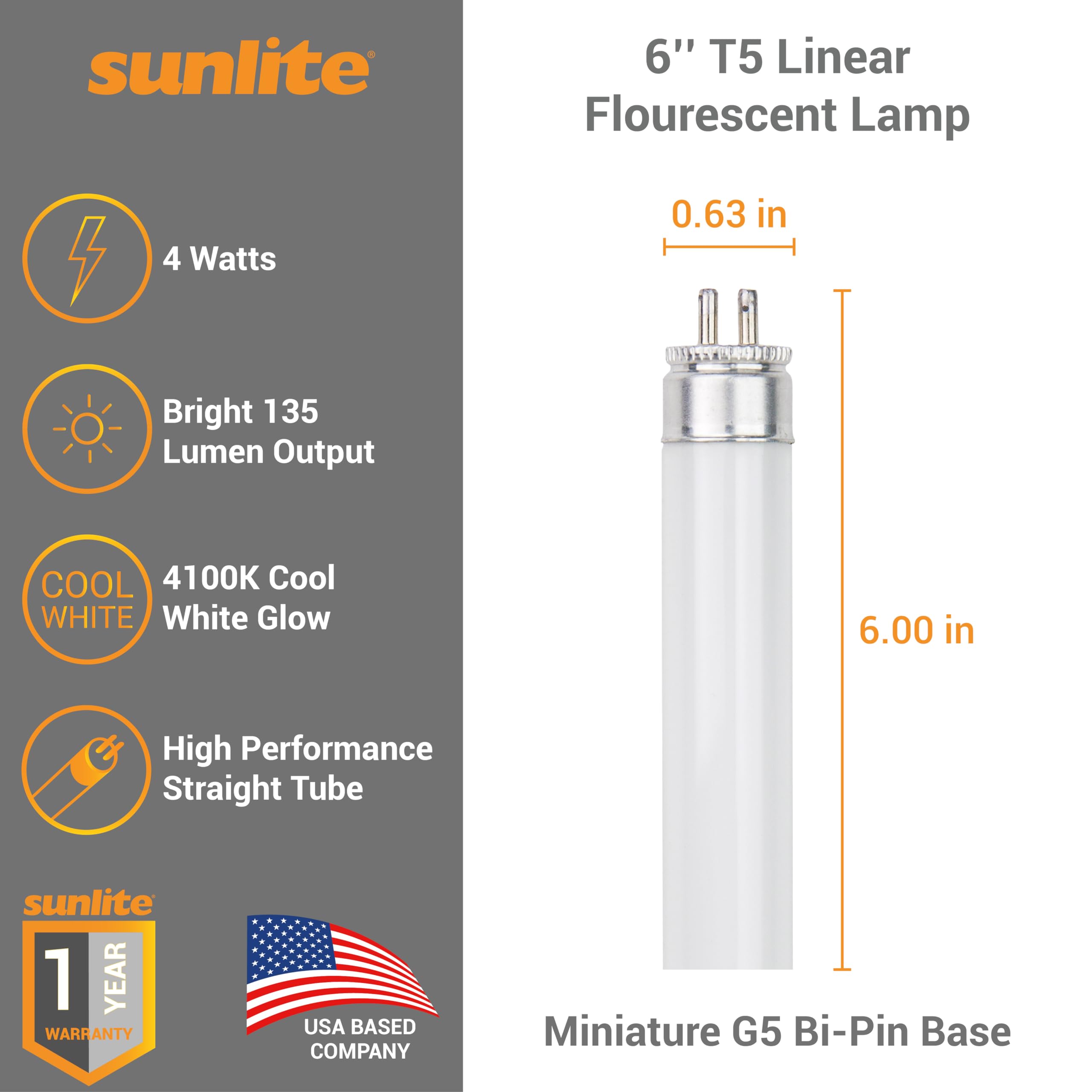 Sunlite T5 Linear Fluorescent Lamp, 4W, 135 Lumens, 4100K Cool White, Mini G5 Bi-Pin Base, 10 Pack