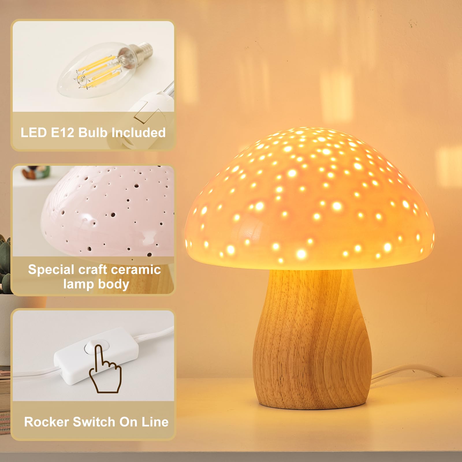 BOHON Ceramic Mushroom Lamp, Vintage Pink Bedside Table Light, LED Bulb Included, Model C-Mushroom-B