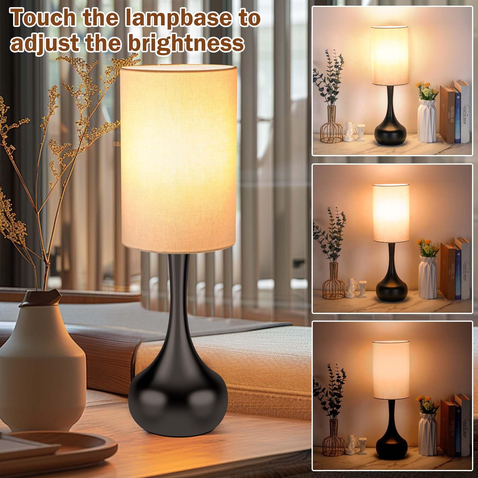 LEDIKON Touch Control Bedside Lamp,3-Way Dimmable,Modern Black Table Lamp, Space Saving Small Nightstand Lamp for Bedroom, Livin