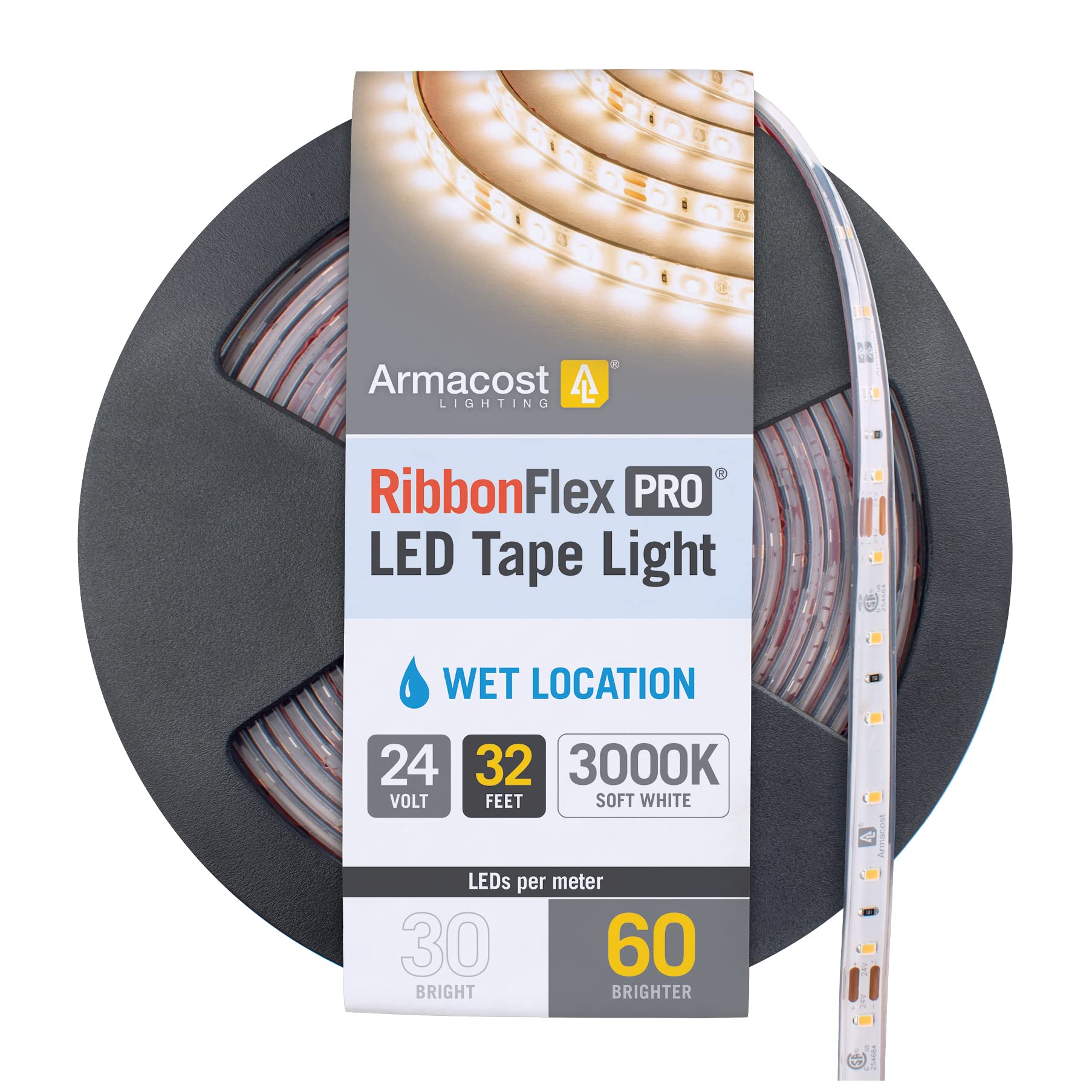 Armacost Lighting RibbonFlex Pro Outdoor Tape Light, 32.8 ft, 3000K Soft White, 60 LEDs/M, Model 145450, Copper Material