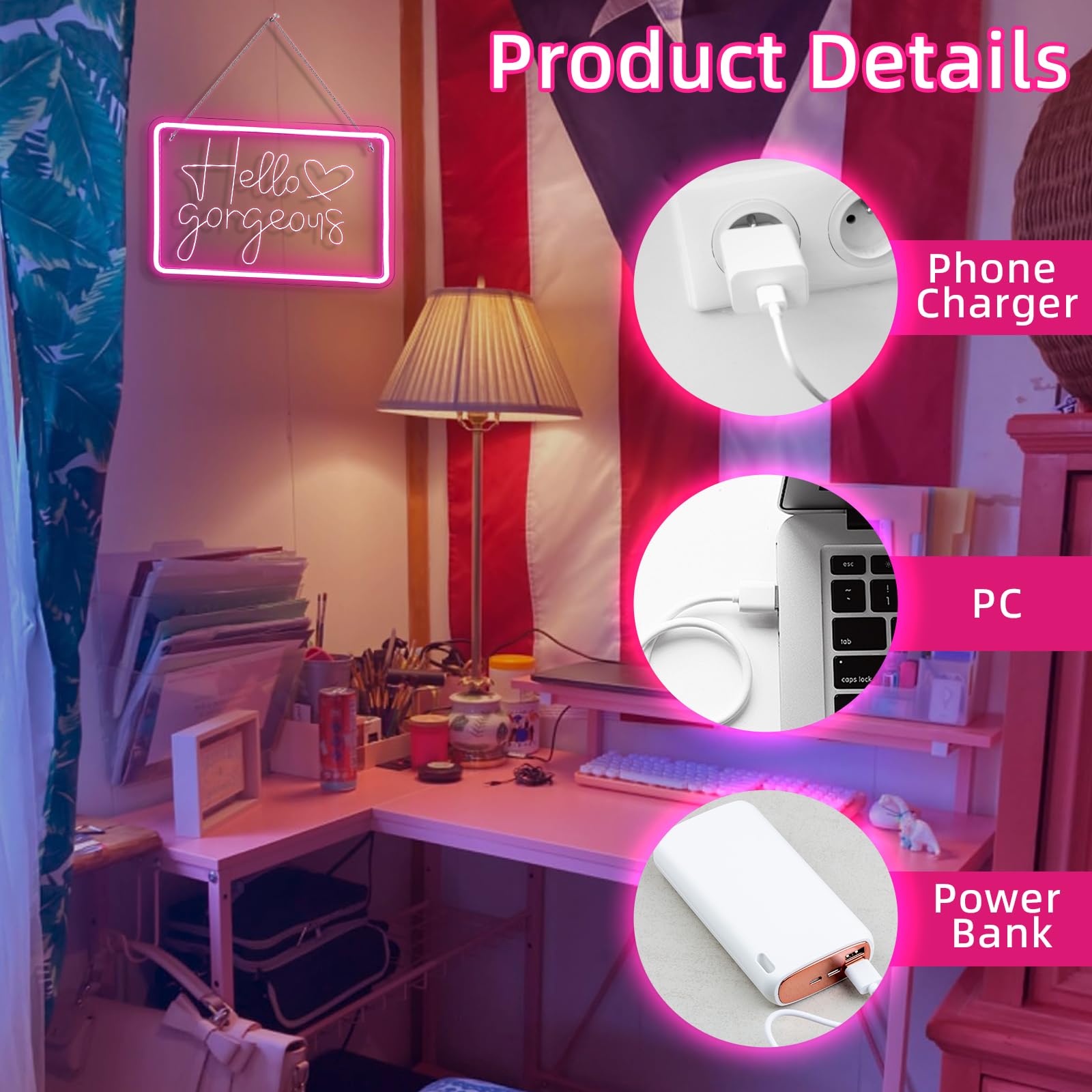 LUCUNSTAR Neon Sign, LED Wall Decor, Dimmable USB Light, 50cm, Pink, inHello Gorgeousin