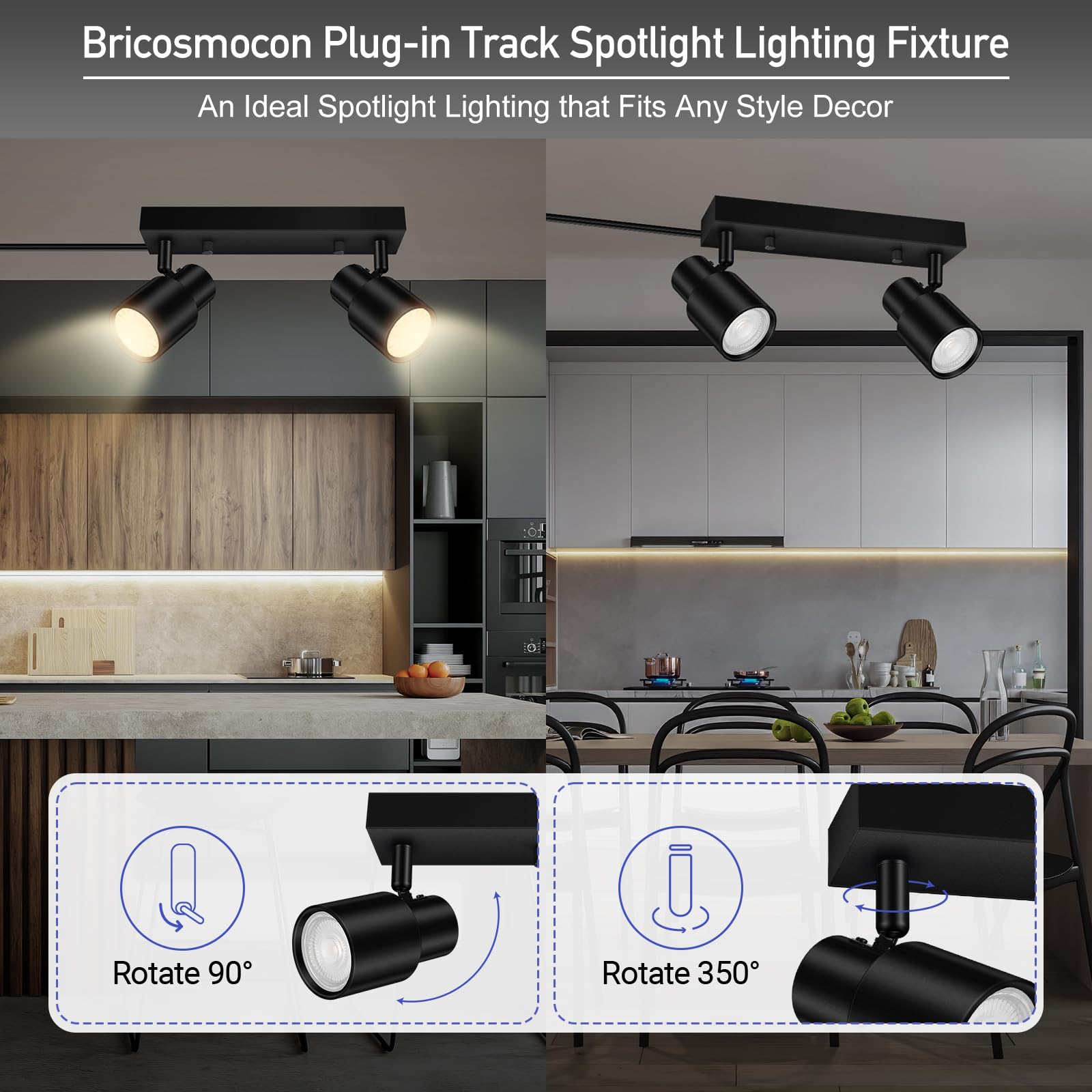 Bricosmocon 2-Light Track Lighting Kit, Black Metal, LED Ceiling Fixtures, 14.8FT Cord, Rotatable Spotlight for Kitchen and Bedroom