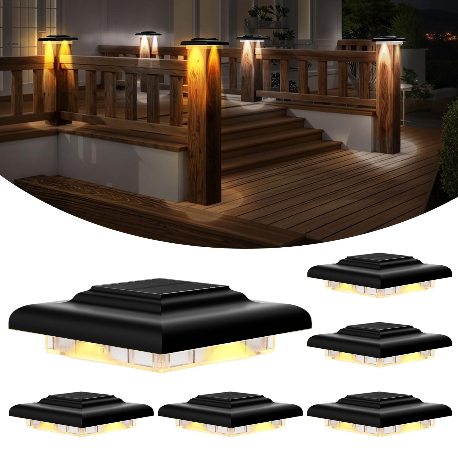 T-SUN 4x4 Solar Post Cap Lights  Fence Post Solar Lights Fit for 4x4 Vinyl Wooden Posts  IP65 Waterproof Outdoor Lighting for Stairs Step  Deck  Patio  Garden (6 Packs  Black  Warm/Cool White)