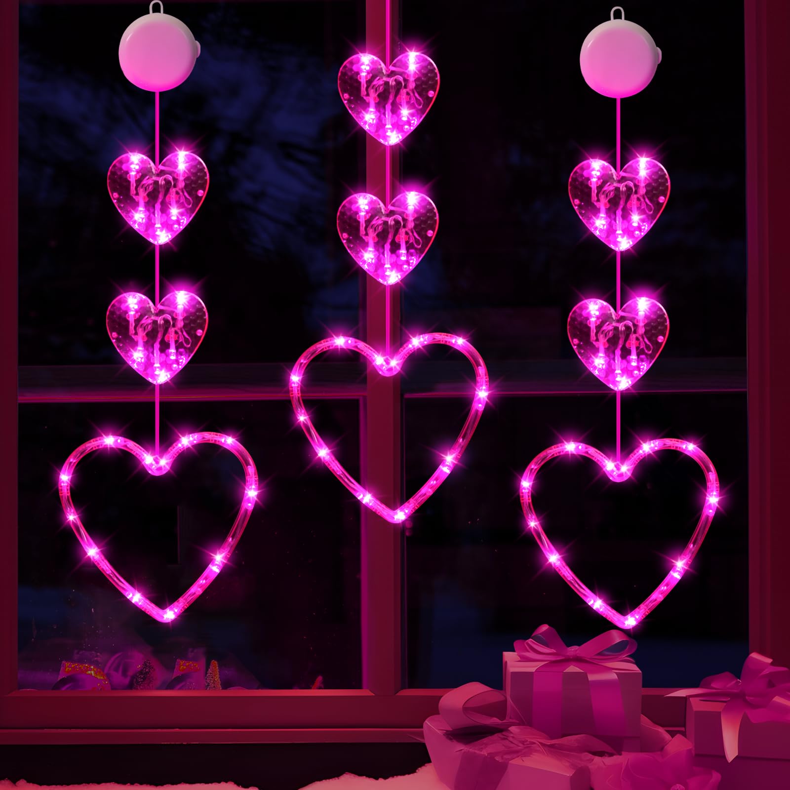 LYUBASA 3 Pack Valentines Day Window Lights Decorations with Timer, Battery Powered Hanging Pink Lighted Heart Shaped Silhouette
