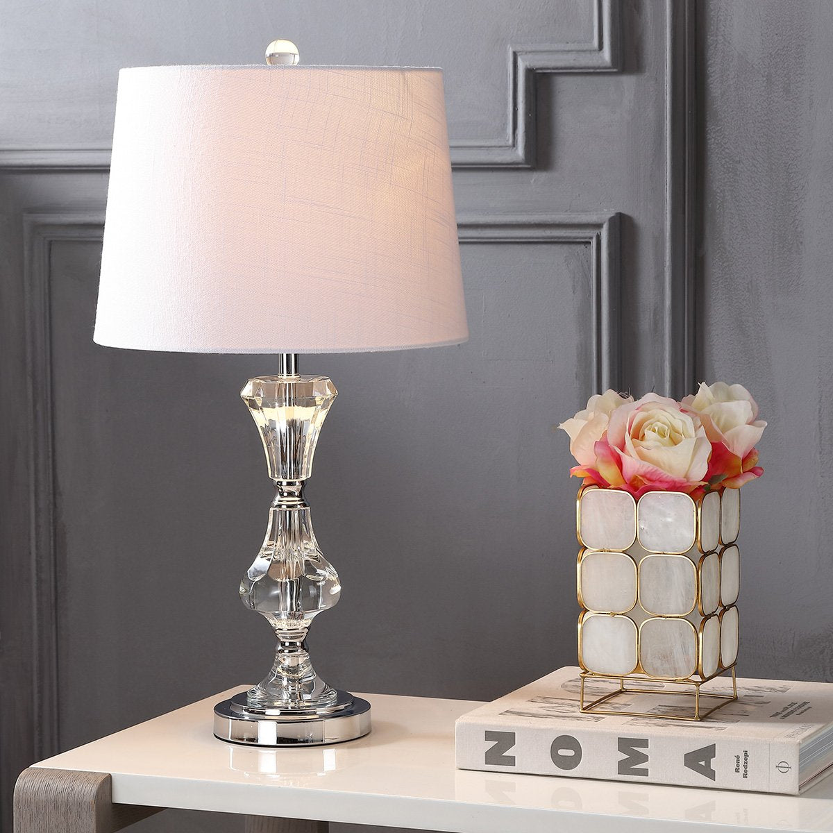 JONATHAN Y Riley 25in Crystal LED Table Lamp, Clear, Model JYL2040A, Transitional Glam Design for Bedroom, Living Room, Office
