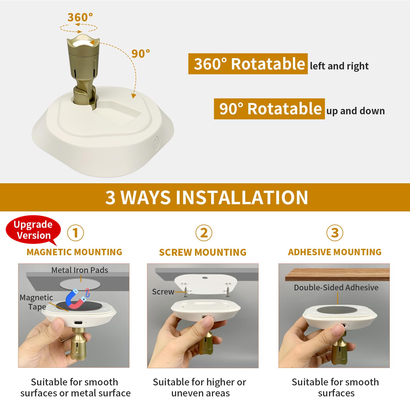 LEASTYLE LED Wireless Spotlights, 3000K/4000K/6000K, Rechargeable, Dimmable Accent Light, White+Gold, 2 Pack, Model TL011