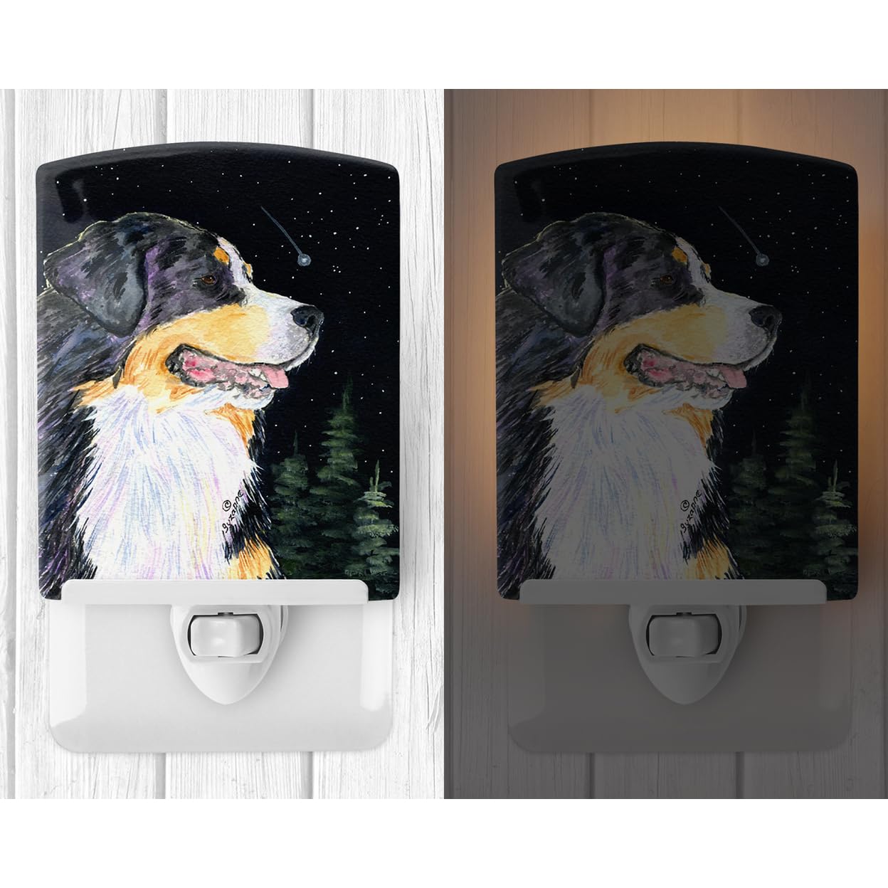 Caroline'S Treasures Ss8512Cnl Starry Night Bernese Mountain Dog Ceramic Night Light Compact, Ul-Certified, Ideal For Bedroom, Bathroom, Nursery, Hallway, Kitchen, 6X4X3, Multicolor