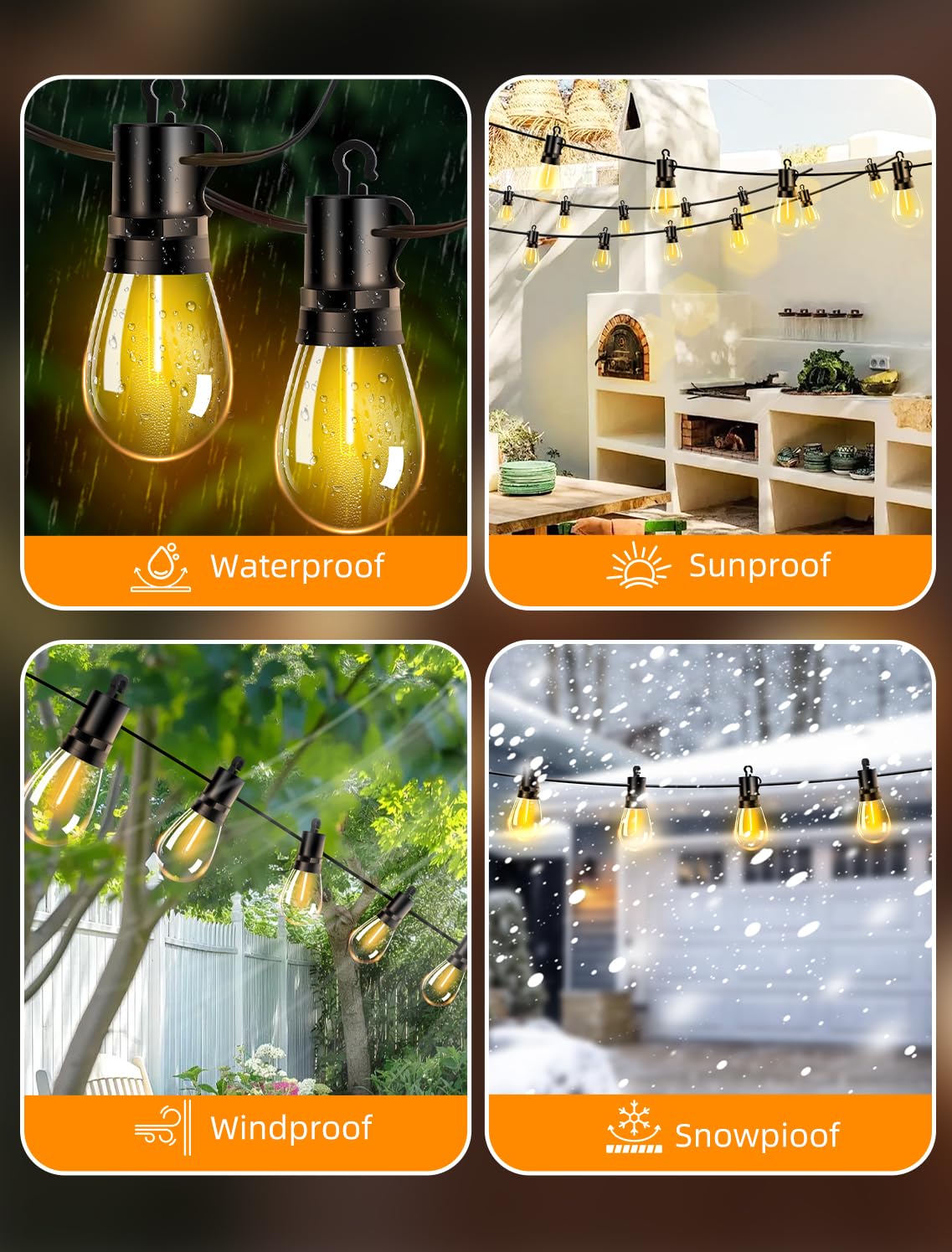 Vozuji Outdoor Patio String Lights: S14 Shatterproof Bulb Outside Waterproof Light - 50Ft 15M Remote Dimmable Connectable Hanging Outdoor Electric Lighting - Garden Backyard Yard Gazebo Porch Party