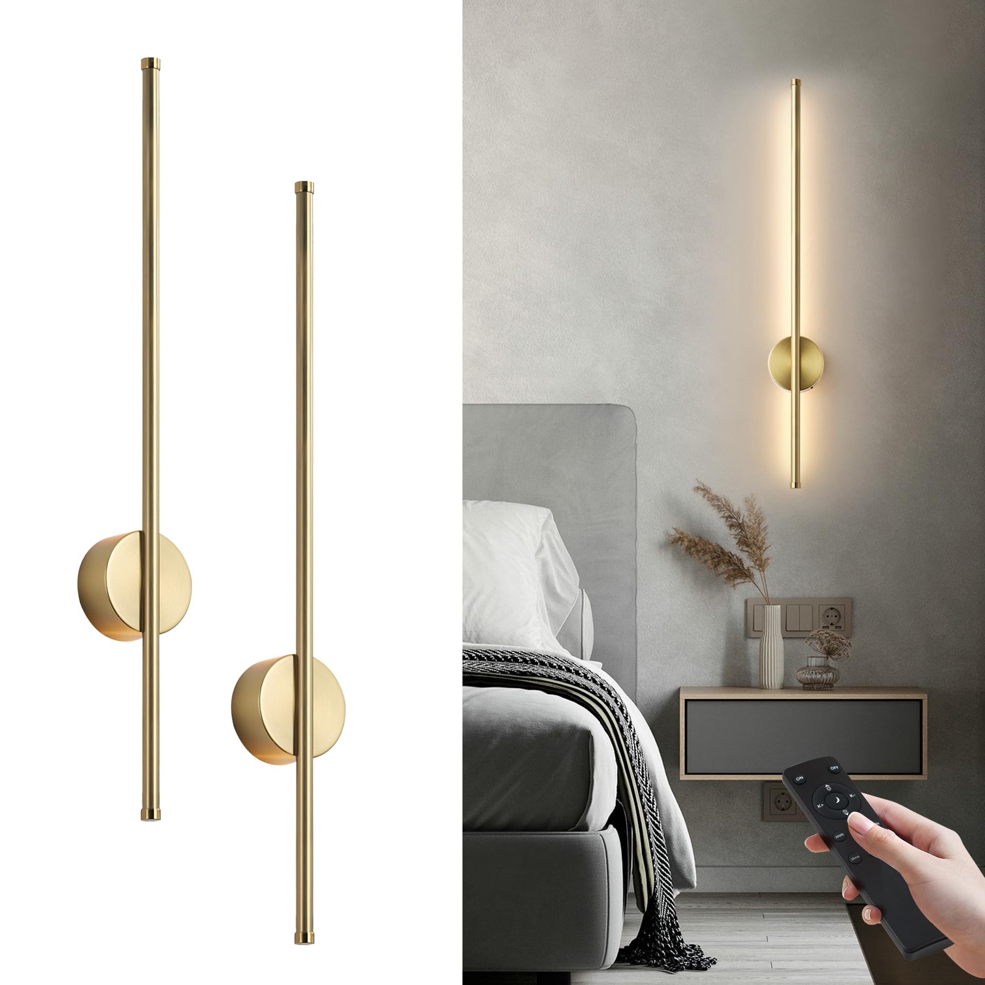 KARTOOSH Battery Operated Wall Sconces, Dimmable LED Light Set of Two, 27.6 Inch, Brass, Model ZM322B