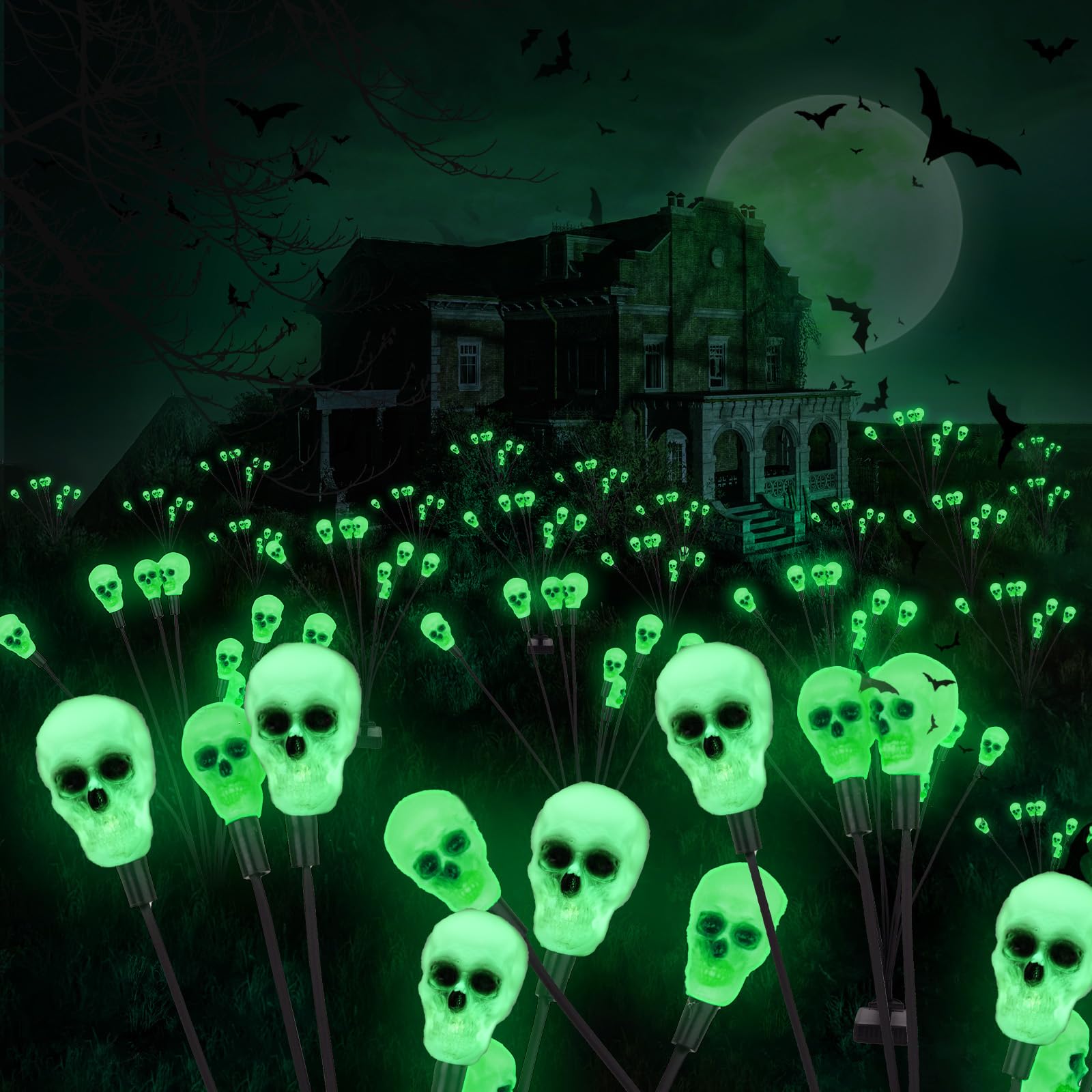 2Packs Halloween Decorations Outdoor Scary Solar Skull Lights,16Led Green Skull Swaying Firefly Lights,Waterproof Solar Halloween Path Lights For Yard/Garden/Lawn/Party Decor (Skull)