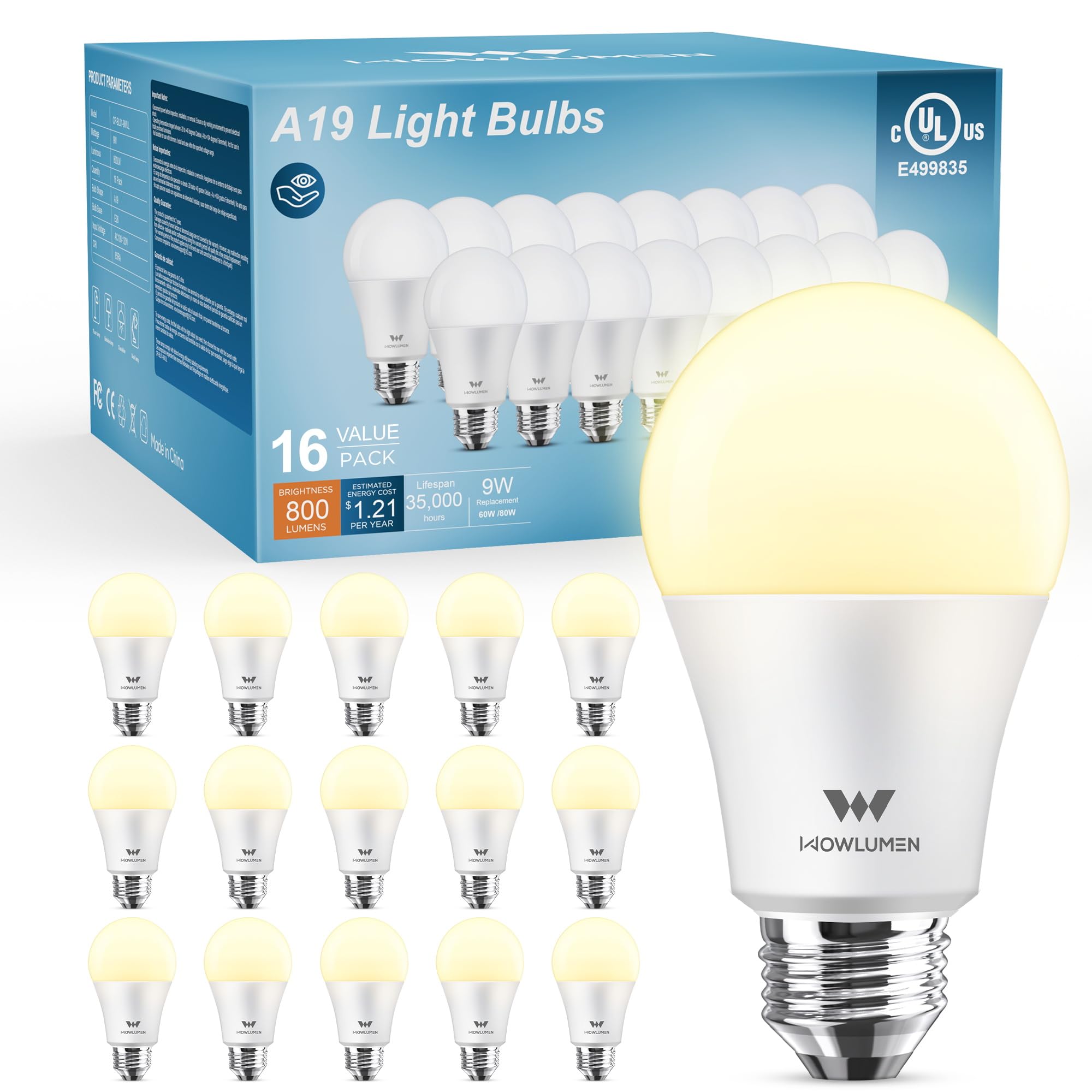 Wowlumen A19 Led Light Bulb 9W E26 Light Bulbs(60 Watt/80 Watt Equivalent) 3500K Soft White Non-Dimmable 800Lm Standard Base For Bedroom  Kitchen  Living Room  Office Ul Listed 16 Packs