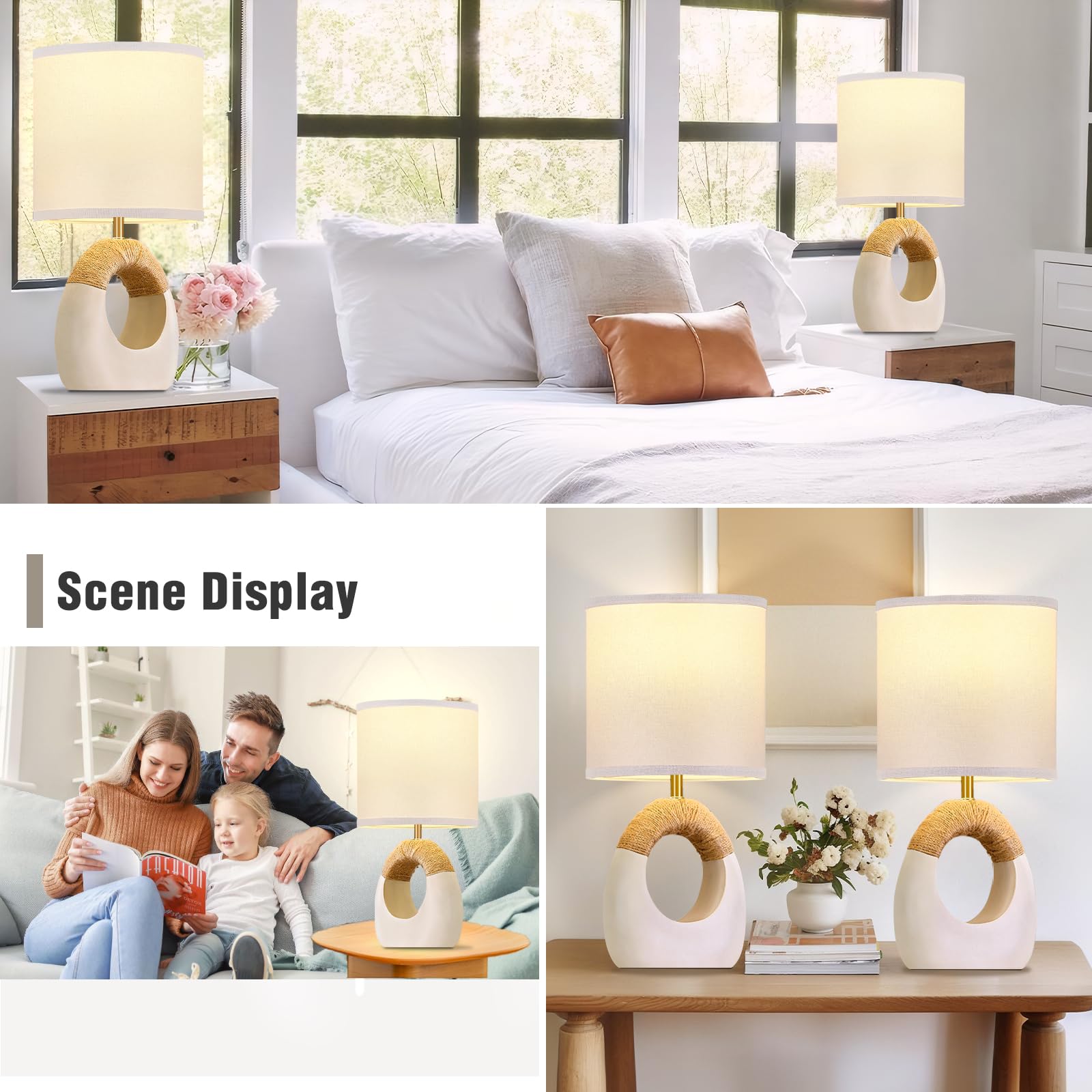 Ejiaxin Table Lamp For Bedroom Set Of 2 - Bedside Table Lamps With 3 Color Temperatures - Boho Rattan Lamps For Nightstands Smal