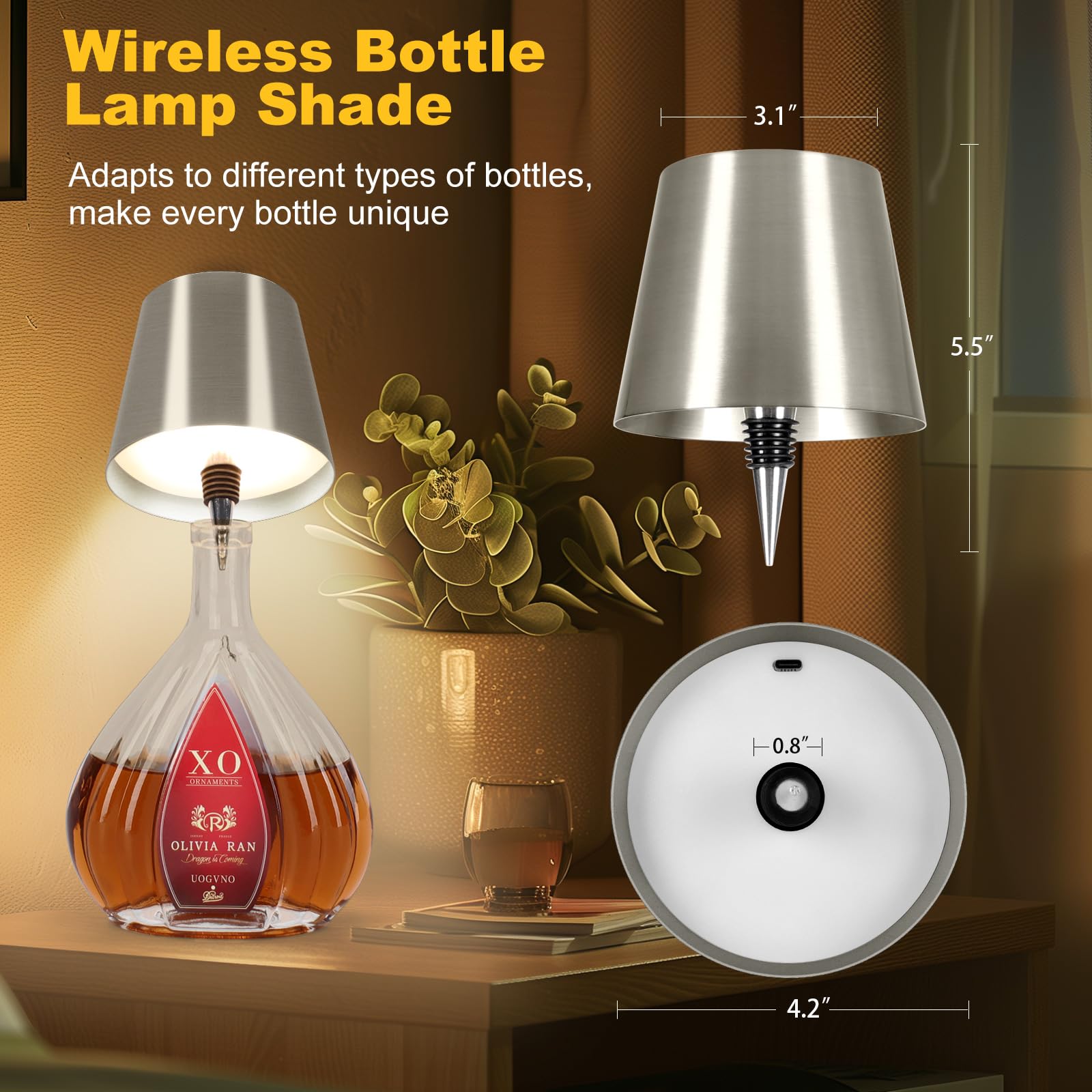 Wireless Bottle Lamp, 2025 New 3 Color Rechargeable Wine Bottle Lights For Bars Restaurants (Silver, 1Pc)
