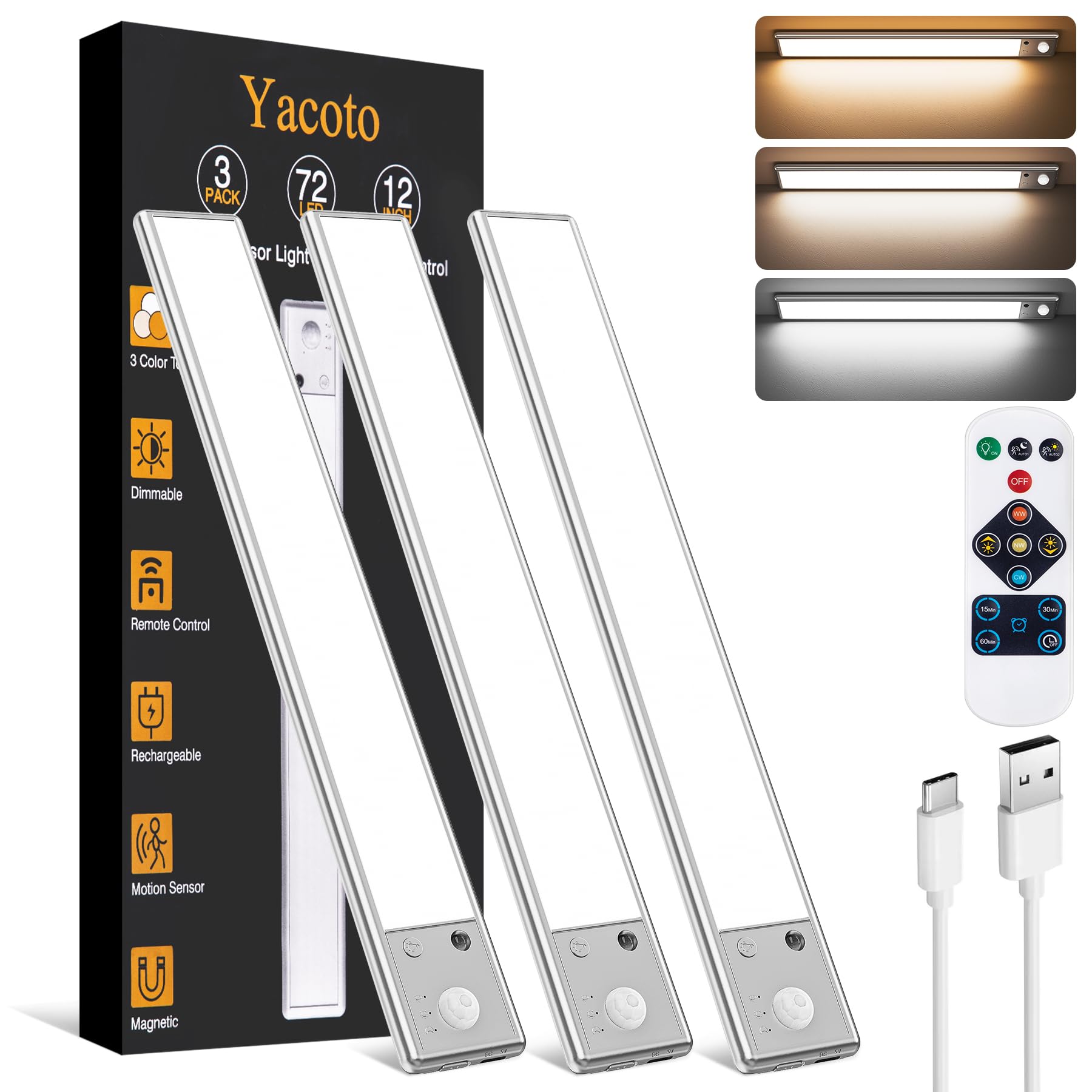 Yacoto Under Cabinet Lighting with Remote Control, 72 LED Motion Sensor Light Indoor 2200mAh Rechargeable Closet Lights 3 Color