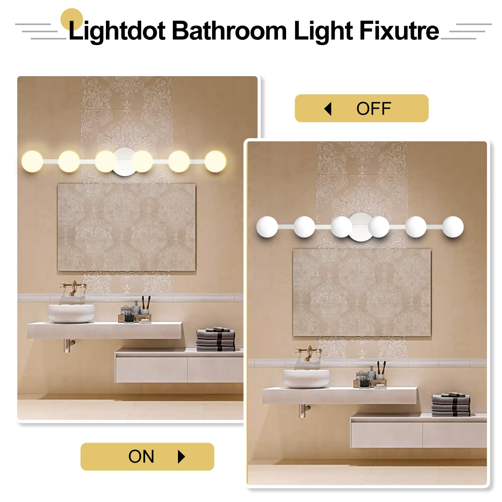 Lightdot 38'' 6-Light Modern Bathroom Vanity Light | Matte Gold Straight Frame With White Globe Water/Shatterproof Shades | Dimm