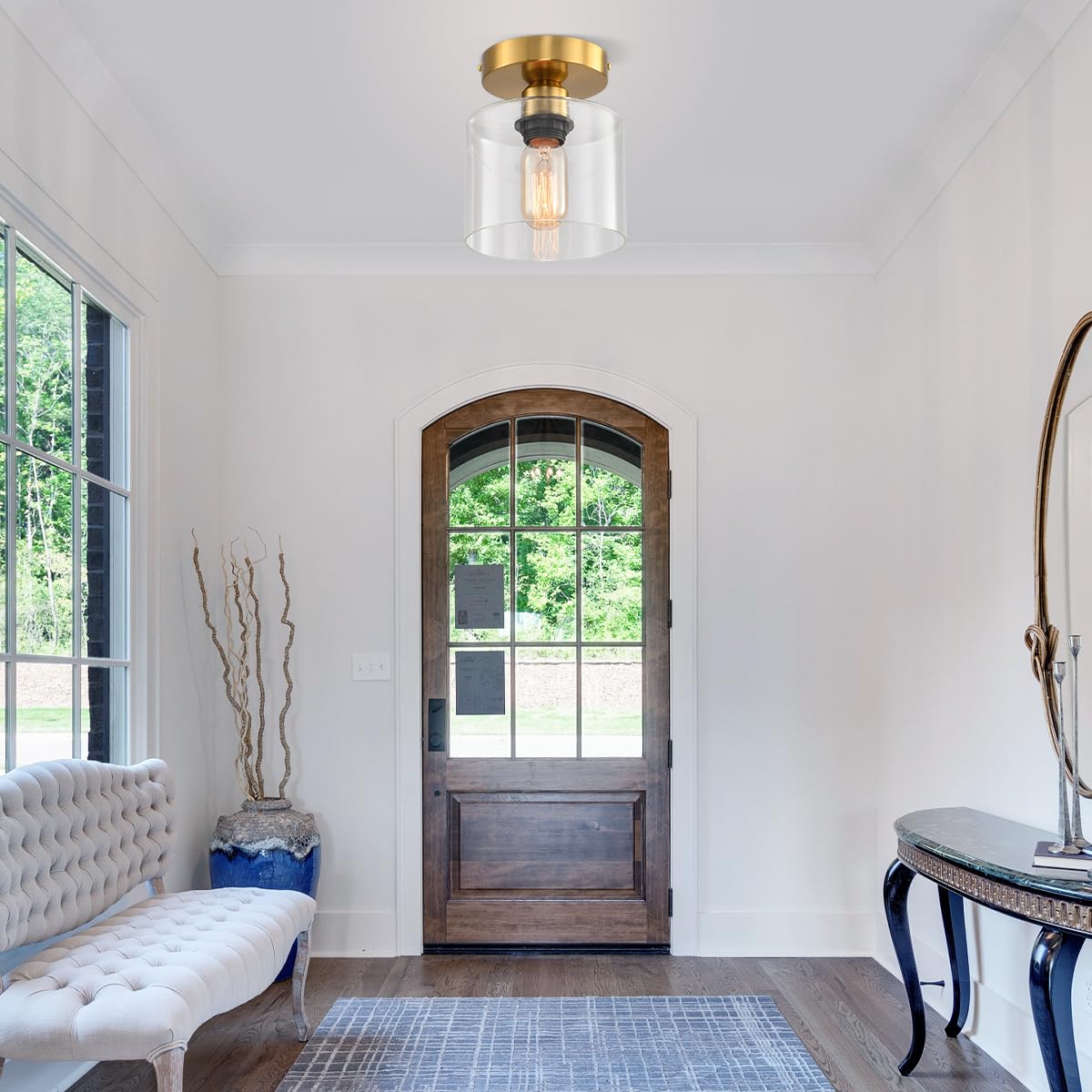 Deamakk Brass Semi Flush Mount Ceiling Light, Clear Glass Shade, 2 Pack, 5.9inch, Rustic Design