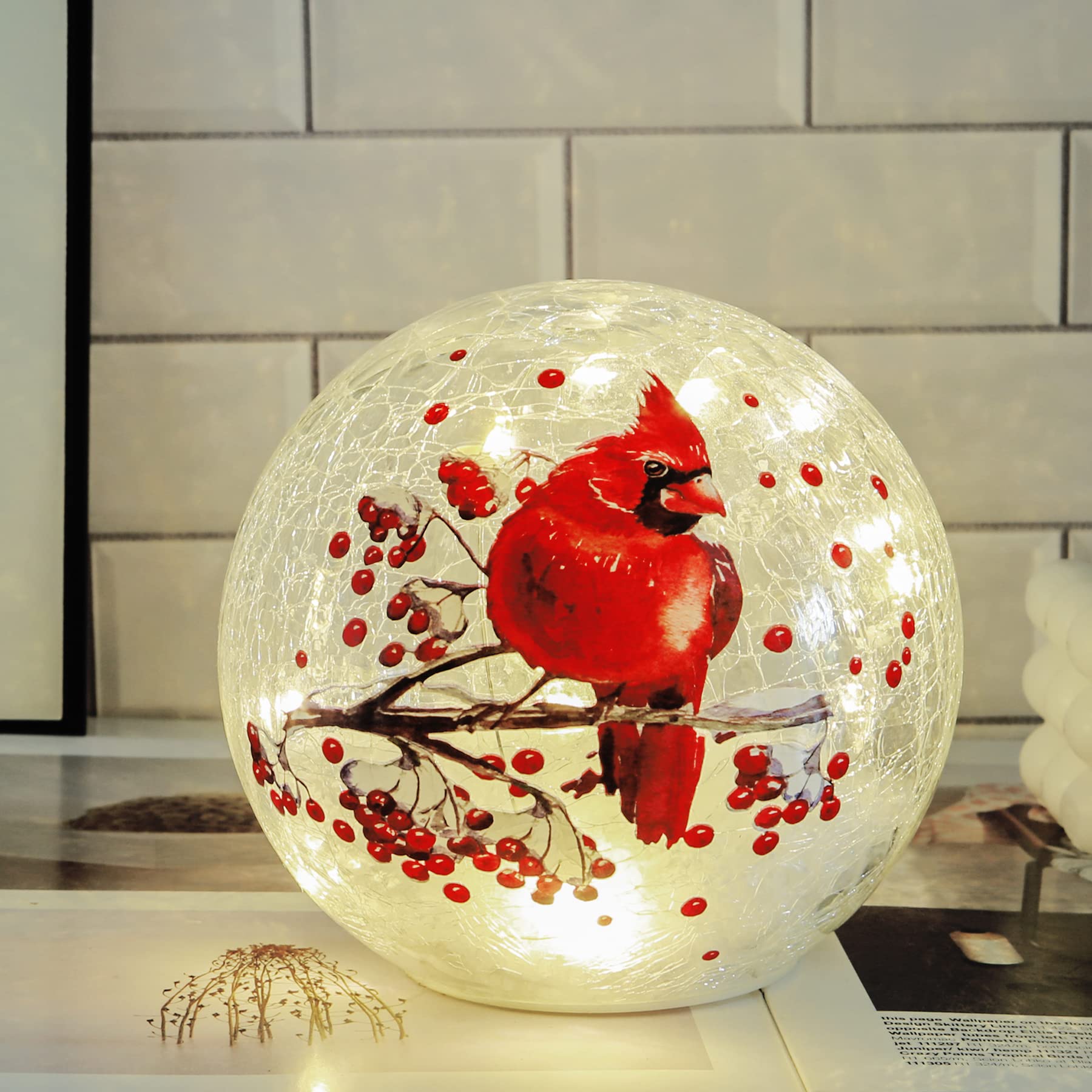 Kaowod Crackle Glass Ball Cardinal Night Light - 6" Clear Stained Glass Globe Decor for Christmas & Mother's Day Gifts