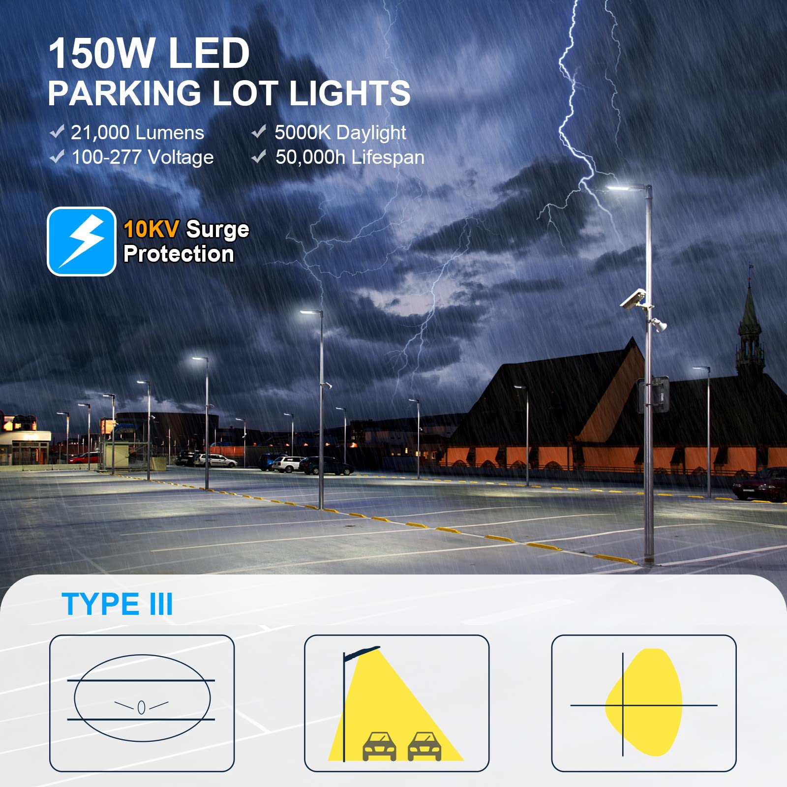 Akk 150W Led Parking Lot Lighting With Adjustable Slip Fitter, 21000Lm (140Lm/W) Led Parking Lot Lights, 5000K Street Light Dusk