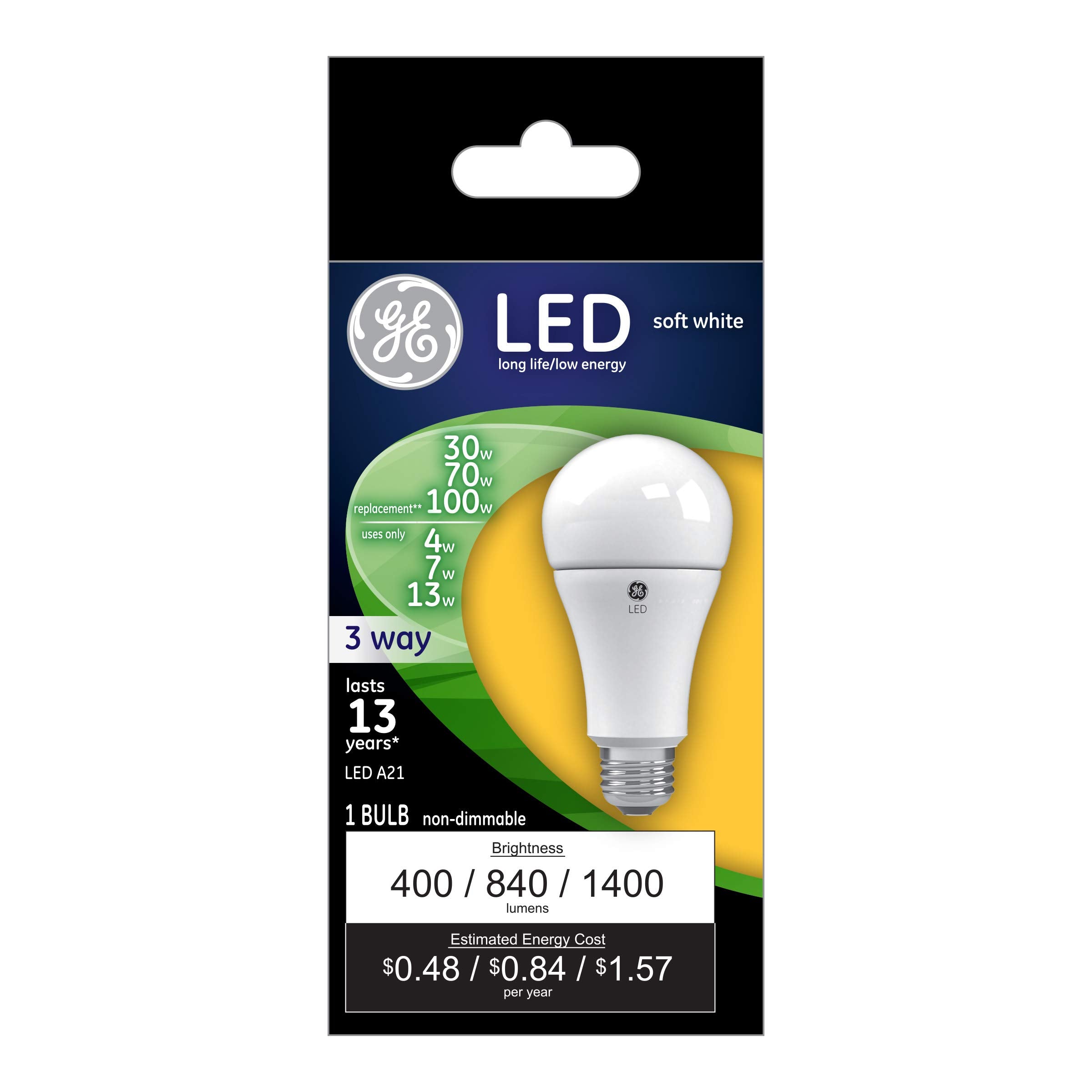 Ge Lighting Light 24095 Soft White Led 3-Way 30/70/100-Watt Replacement A21 Bulb Medium Base, 1 Count (Pack Of 1)