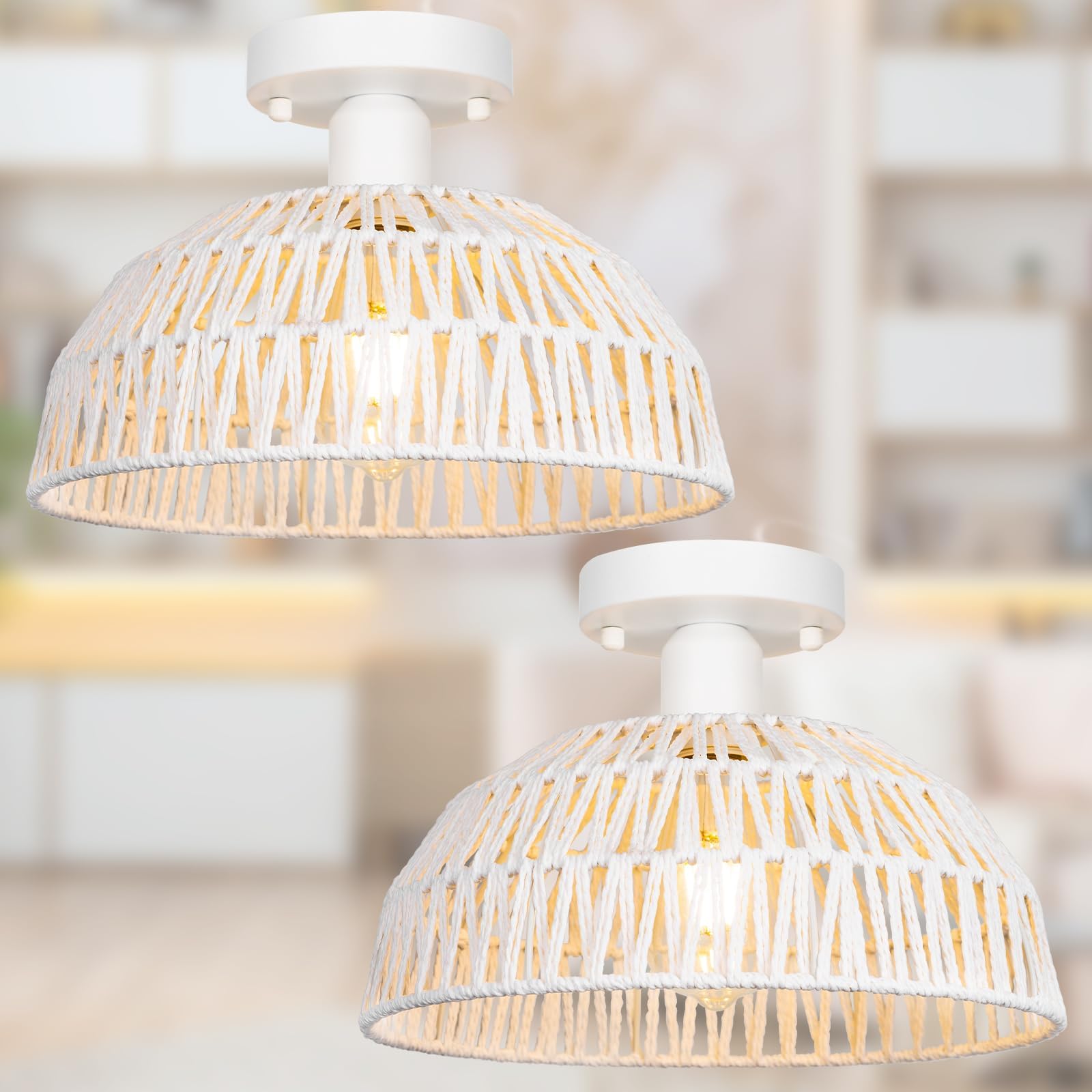 Rattan Ceiling Light Fixtures 2 Packs-White Rustic Woven Basket Flush Mount Ceiling Light, Handmade Wicker Ceiling Lamp, Rattan 